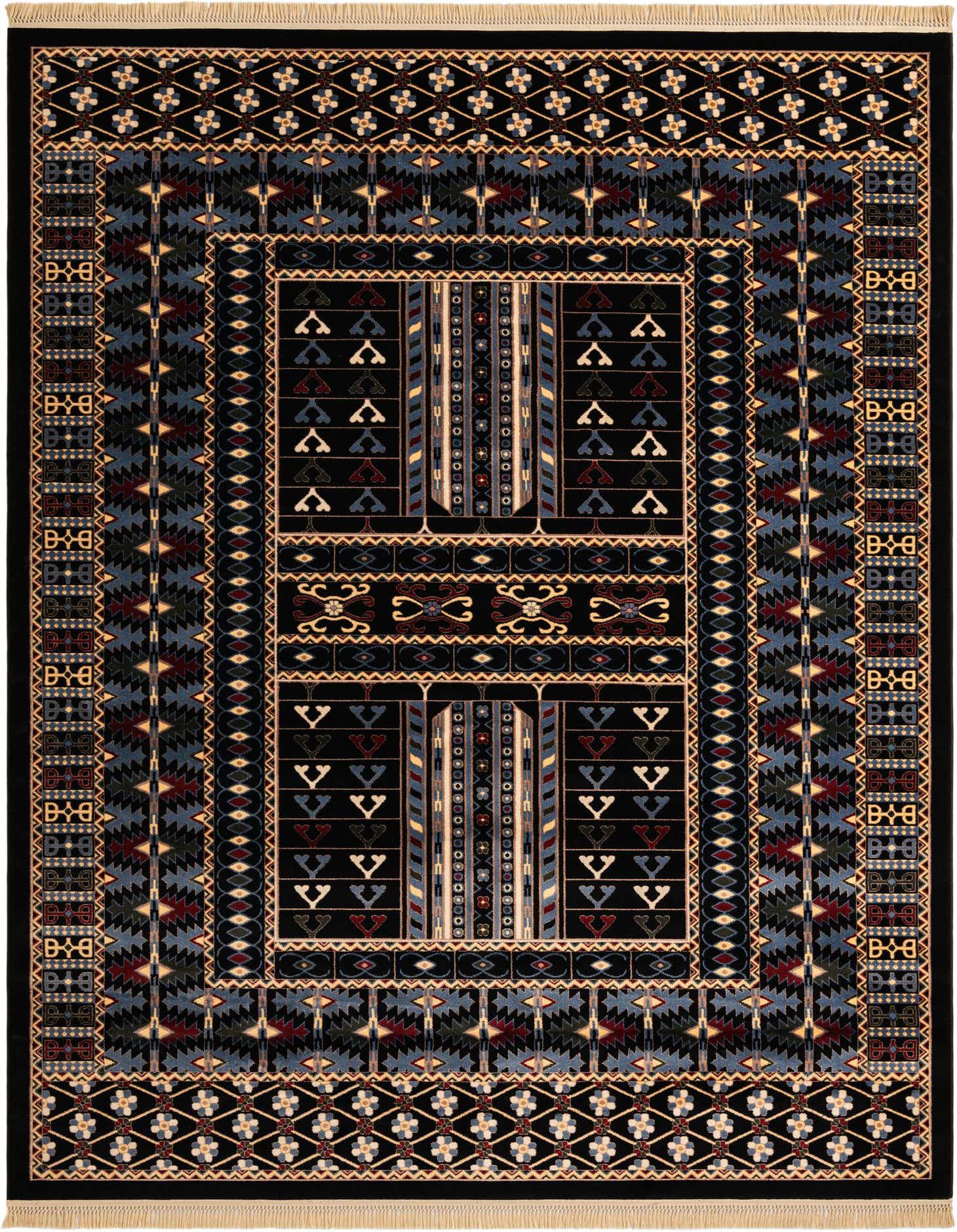 A 9x12 rectangular Bokhara rug featuring a complex traditional pattern in black, blue, and red with cream fringes.