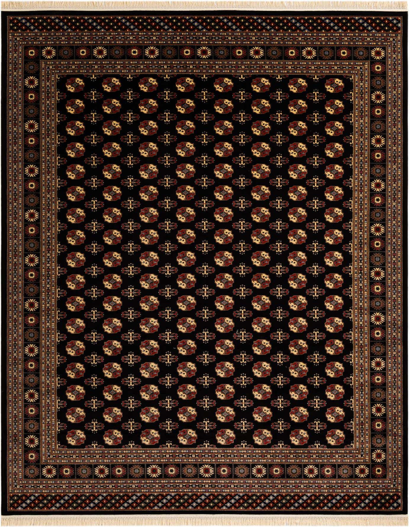 A 10x14 rectangular black Bokhara rug featuring a repeating pattern of red, gold, and cream medallions and intricate borders.