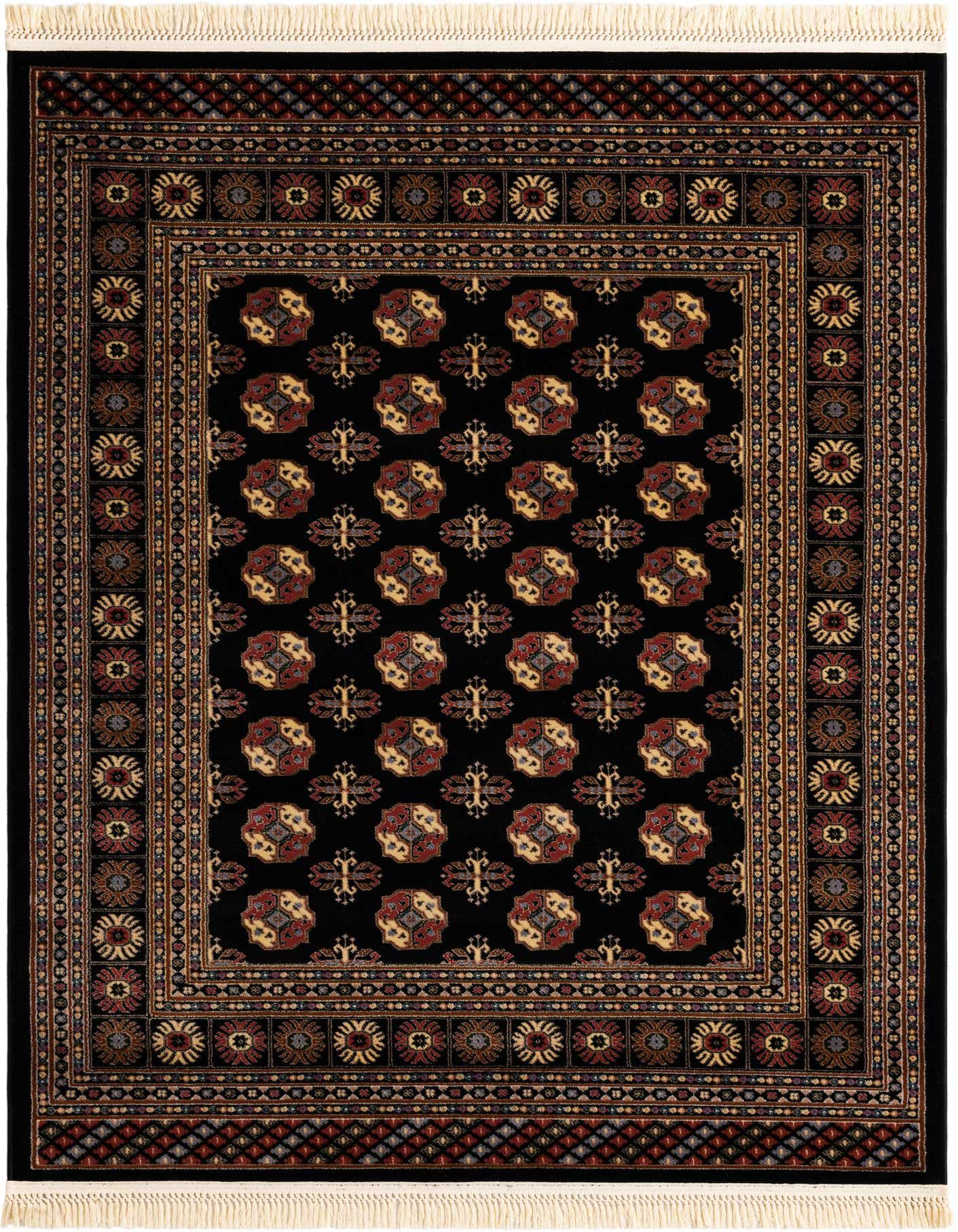 A 5x7 rectangular Bokhara rug with a black field and intricate traditional patterns in red, gold, and blue, featuring a detailed border.