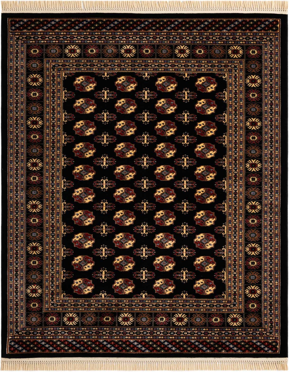 A 5x8 rectangular Bokhara rug in black with intricate traditional patterns in red, gold, and blue.