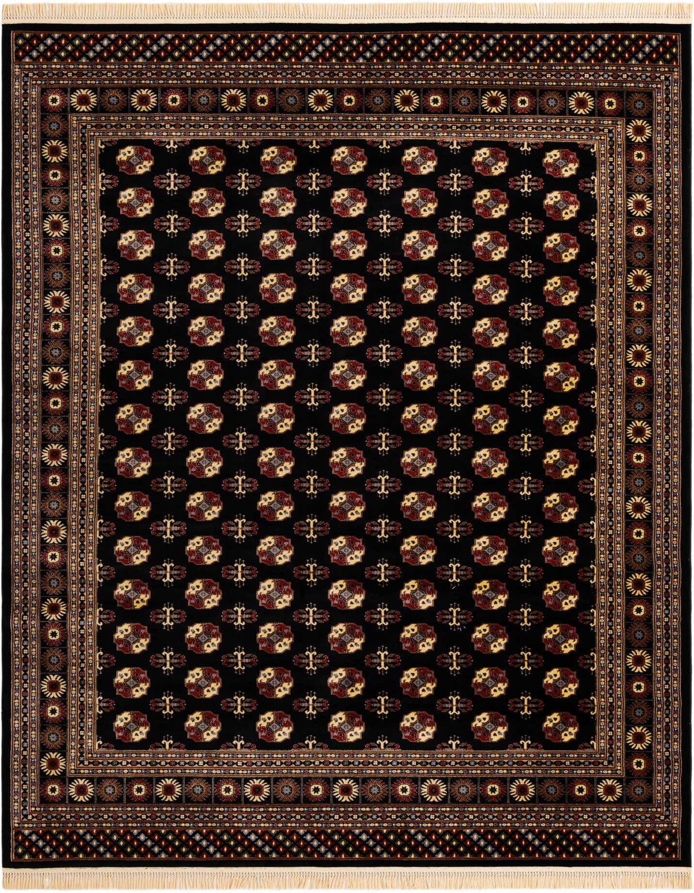 A 9x12 rectangular Bokhara rug featuring a black field with intricate red, gold, and cream traditional patterns, bordered by detailed medallions.