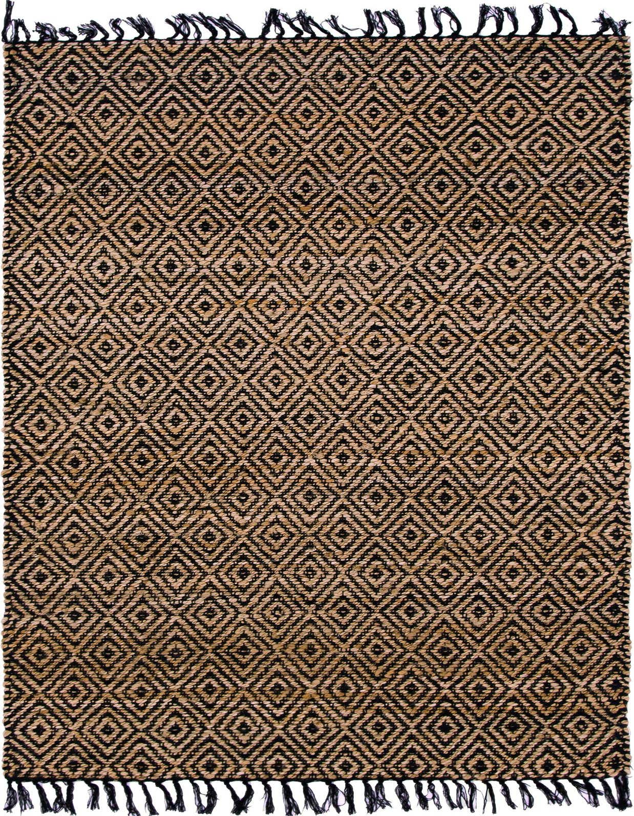 A 4x6 rectangular black and natural jute rug with a diamond pattern and fringed ends, suitable for a living room or office.