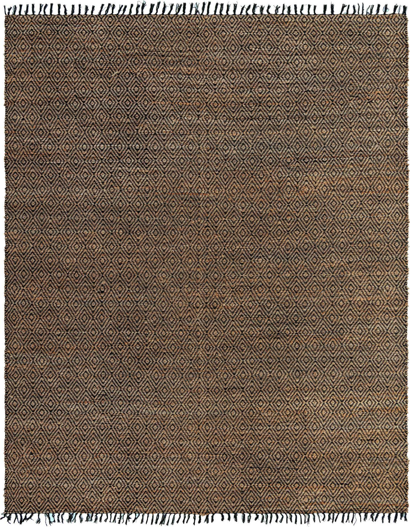 A 10x14 rectangular black and natural jute rug with a repeating diamond pattern and fringed edges.