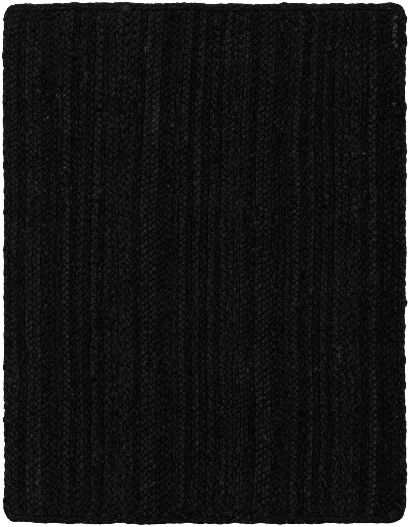 A 2x3 rectangular black jute rug with a braided, textured weave, suitable for a kitchen or entryway.