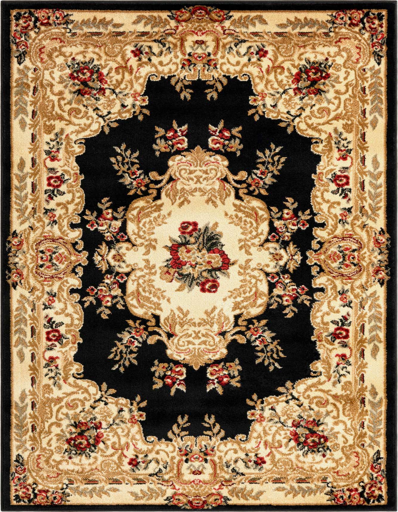 A 4x6 rectangular black rug with a traditional botanical pattern, featuring a cream medallion and border with red and gold floral accents.