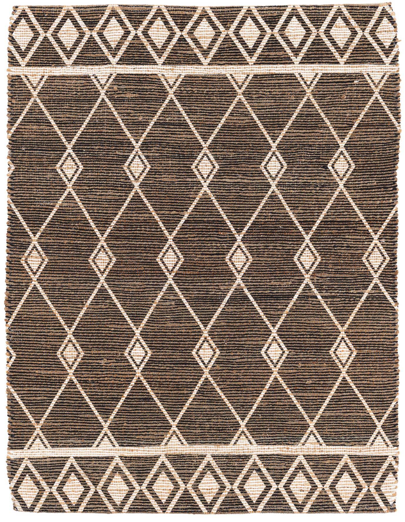A 4x6 rectangular Chenille & Jute rug featuring a modern black and natural diamond pattern, suitable for various indoor rooms.