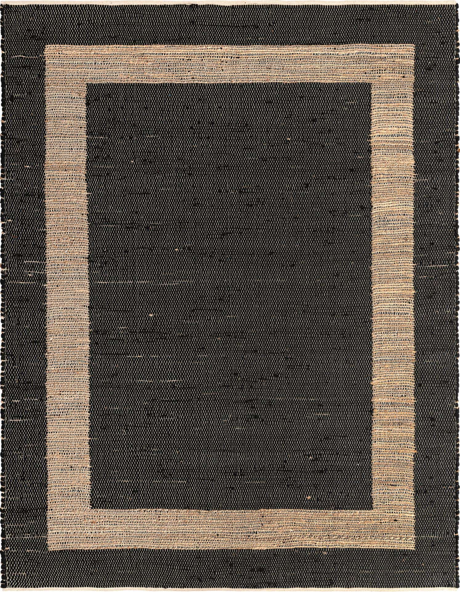 A rectangular 8x11 black Chindi Jute rug with a natural tan border, suitable for a living room or office.