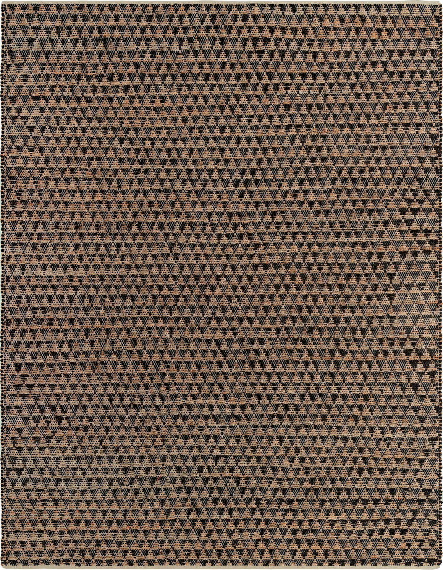 A 10x14 rectangular black and natural jute rug with a textured, flatweave pattern, perfect for a modern coastal living room.