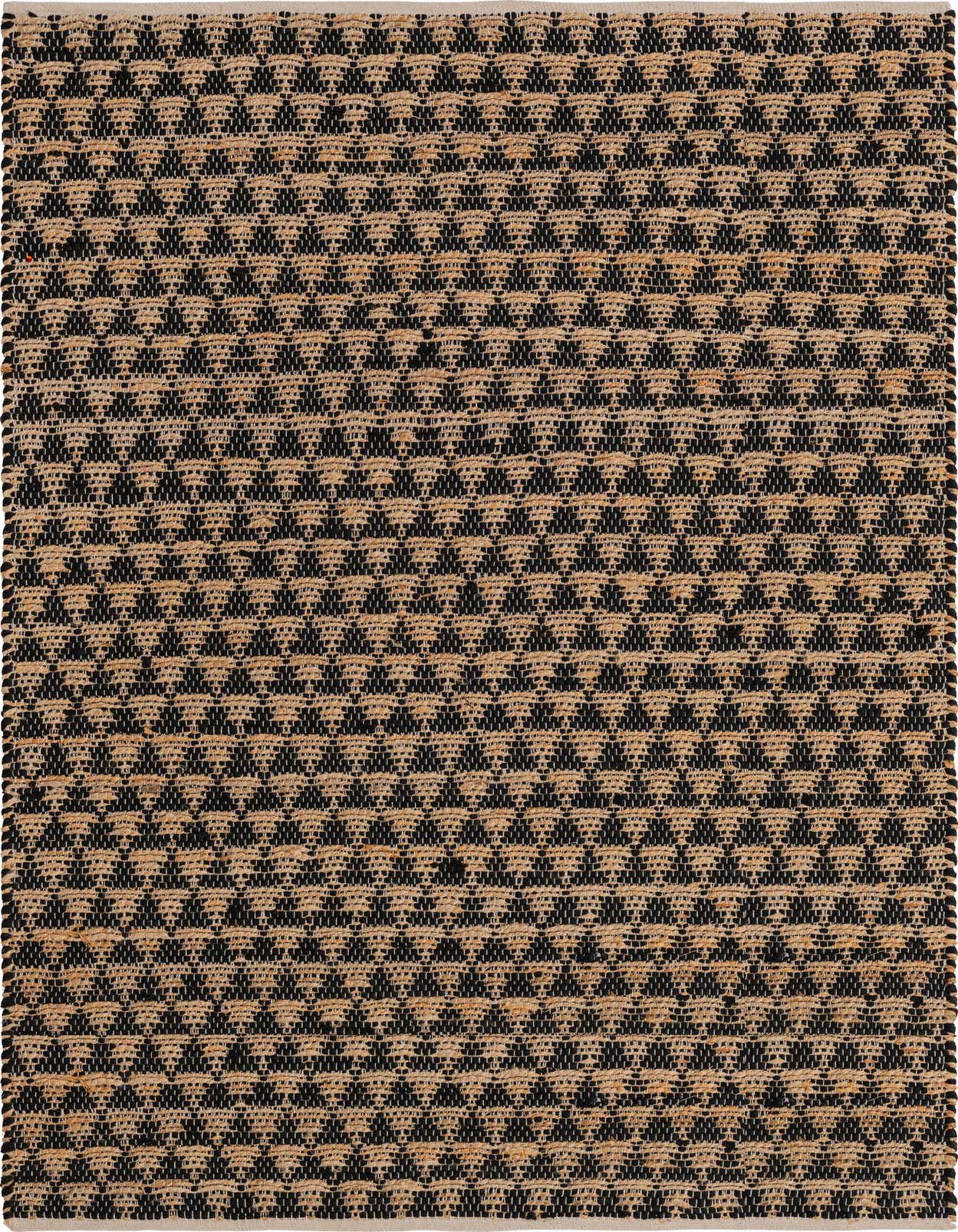 A 5x8 rectangular Chindi Jute rug in black and natural tan, featuring a textured flatweave pattern, perfect for a living room or office.