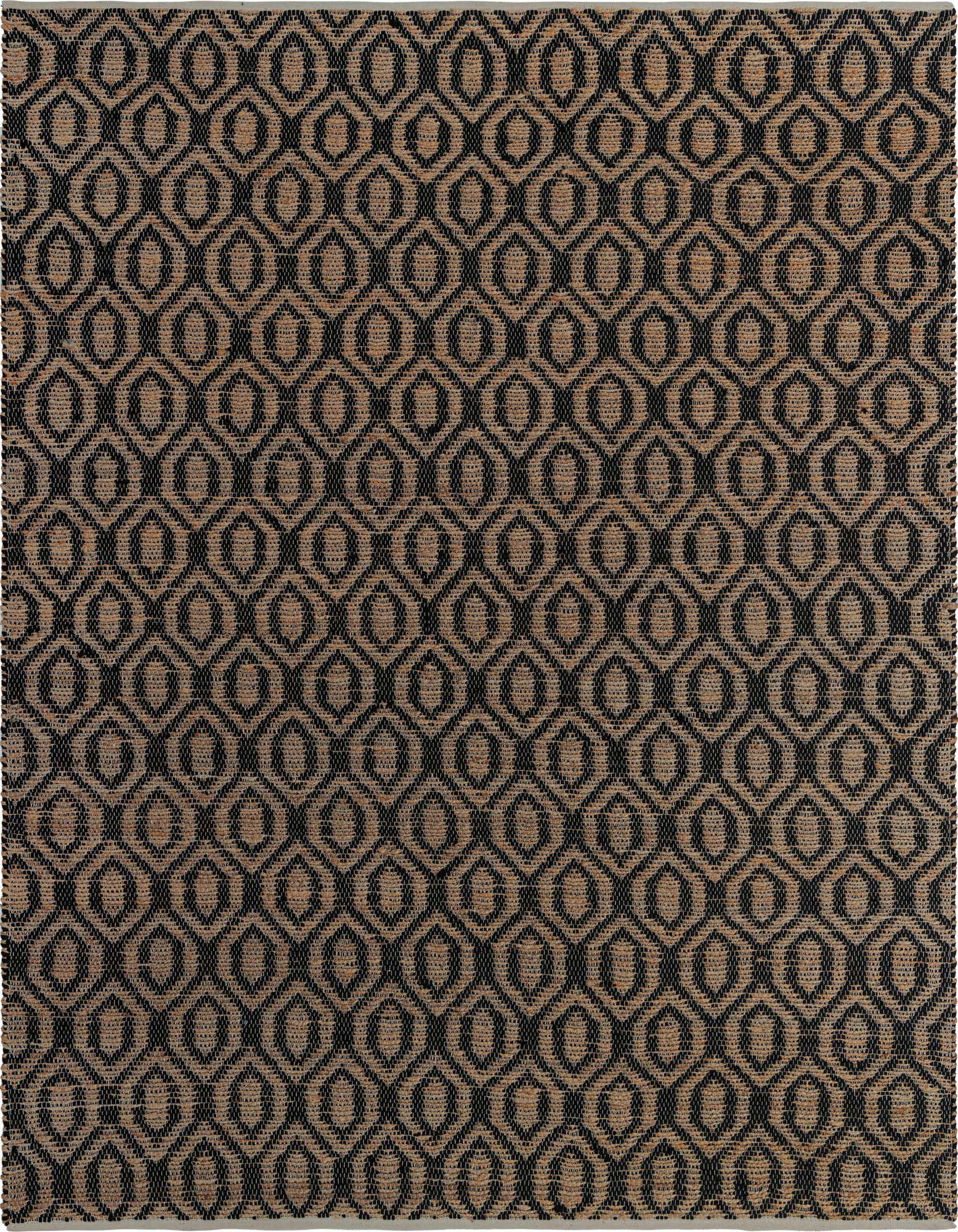 A 9x12 rectangular Chindi Jute rug featuring a repeating black trellis pattern over a natural brown background, ideal for a living room.