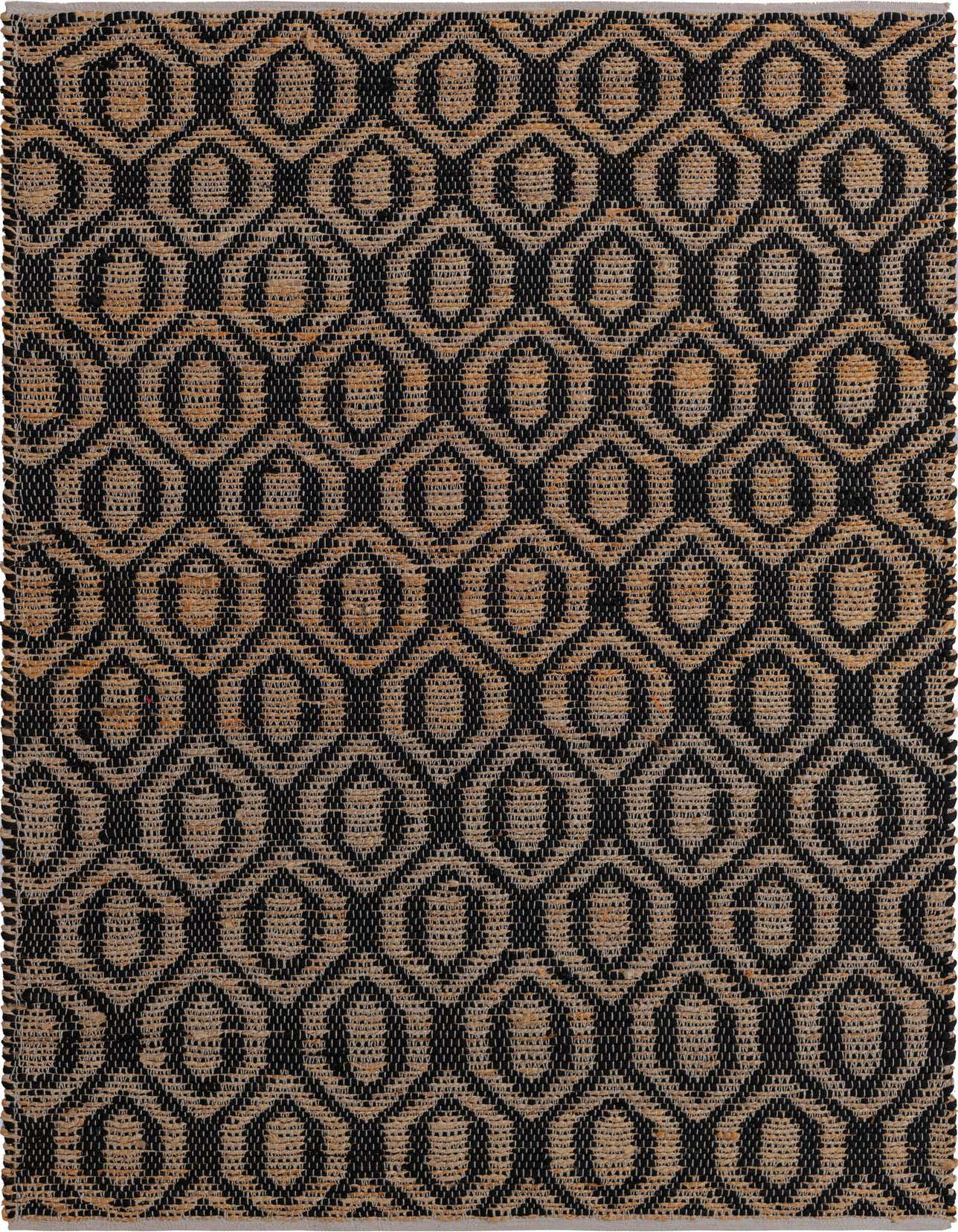 A 5x8 rectangular Chindi Jute rug featuring a black trellis pattern over natural jute, suitable for a living room.