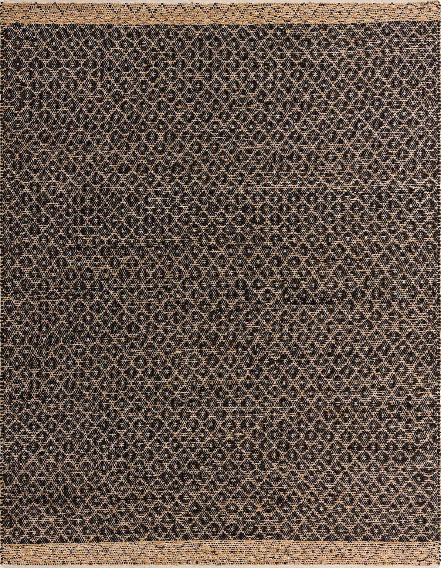 A 10x14 rectangular black and natural jute rug featuring a textured diamond trellis pattern, suitable for various indoor living spaces.