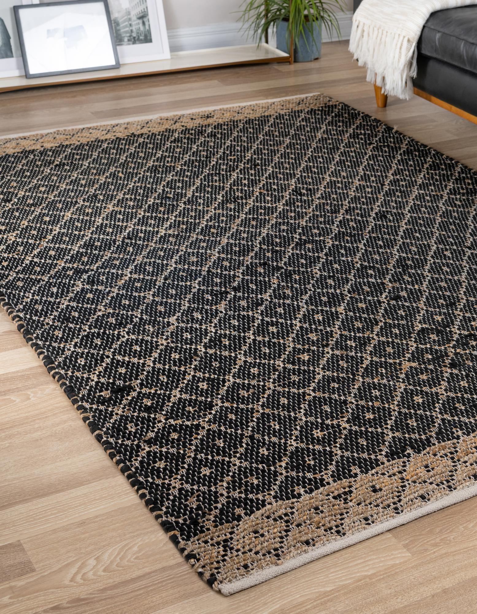 Black 9' x 12' Hand Woven Chindi Trellis Rug | Rugs.com