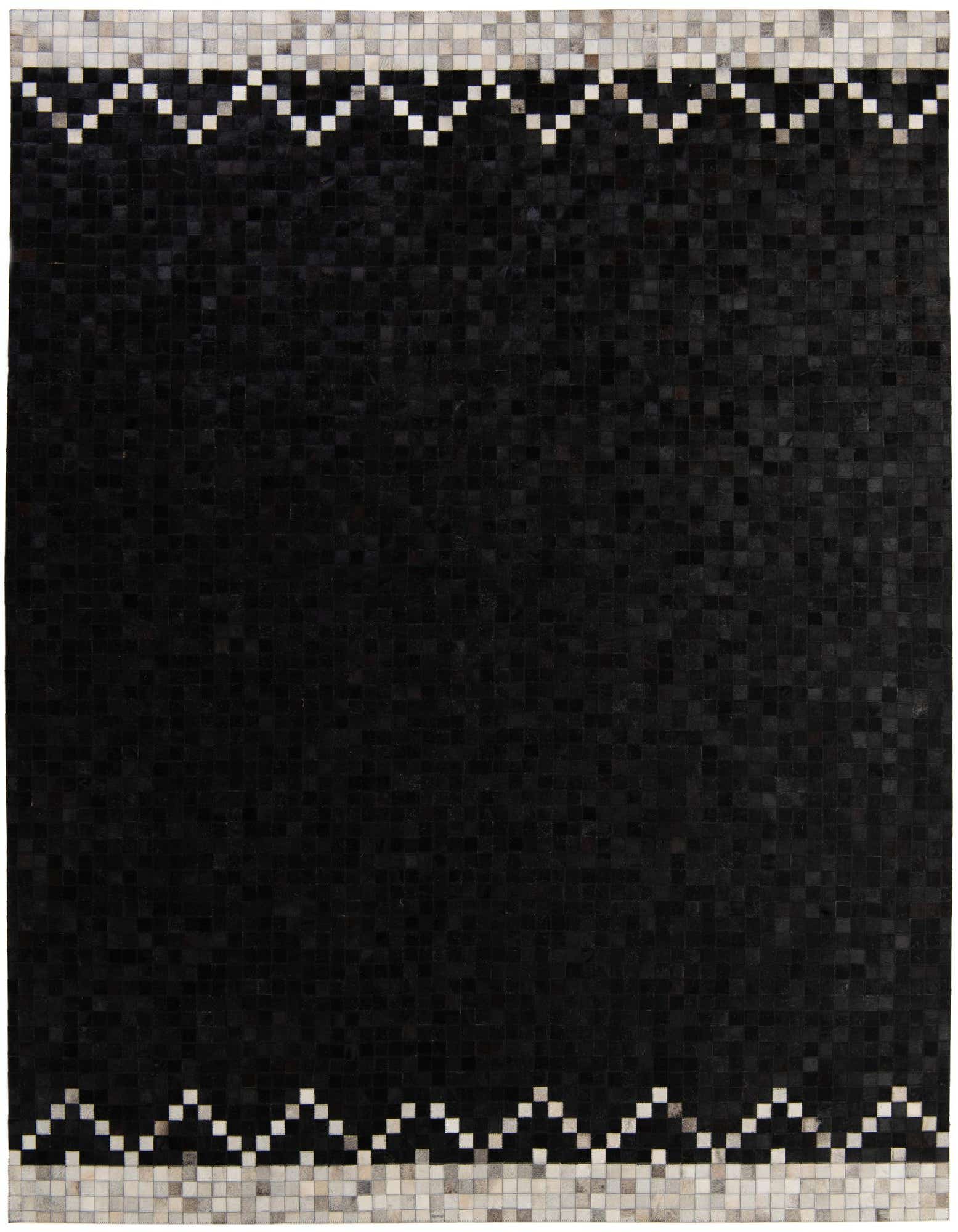 8x10 rectangular black cowhide rug with a modern patchwork design and light gray and white geometric borders.