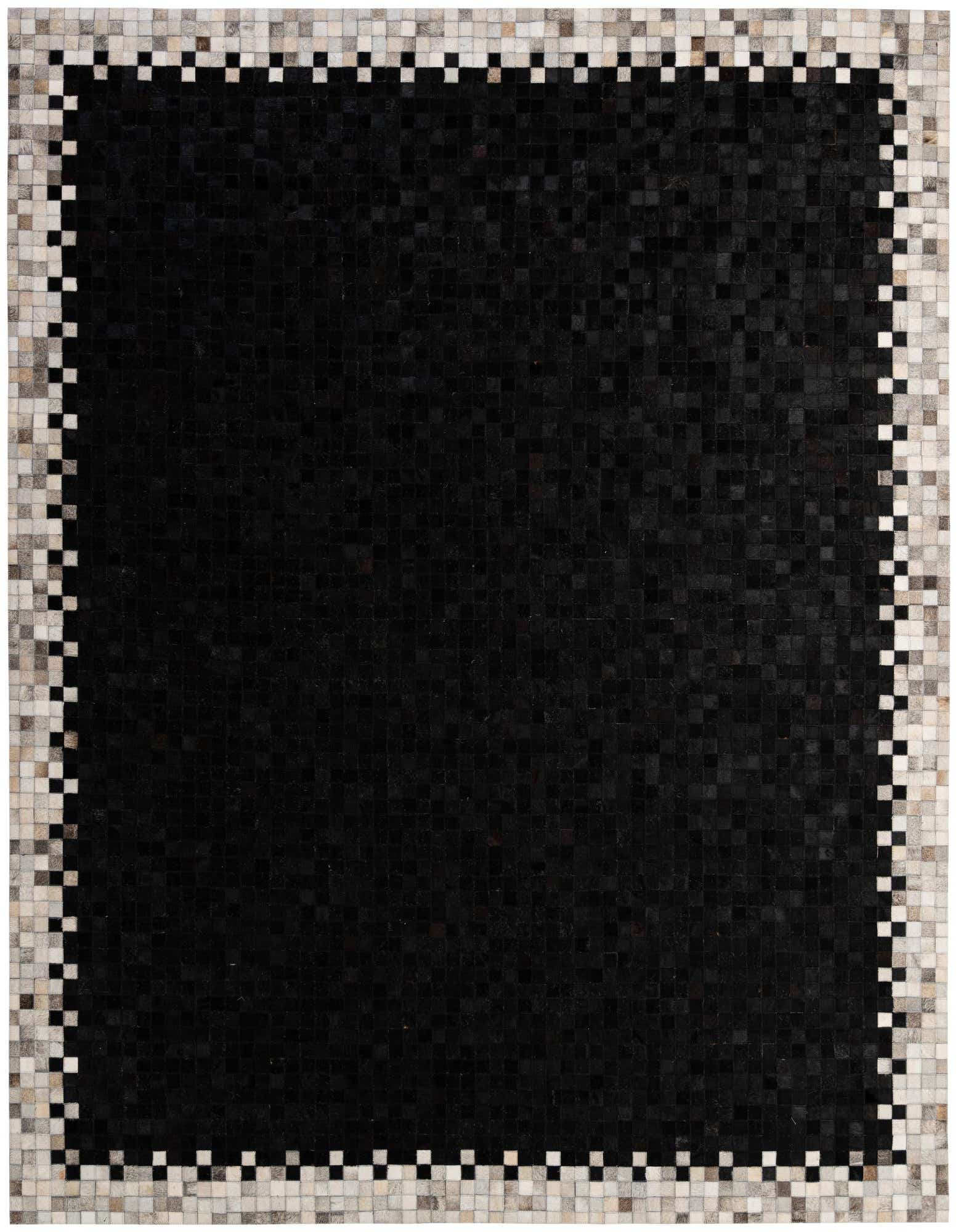 A rectangular 8x10 modern black cowhide rug with a checkered border of black, white, and grey squares.