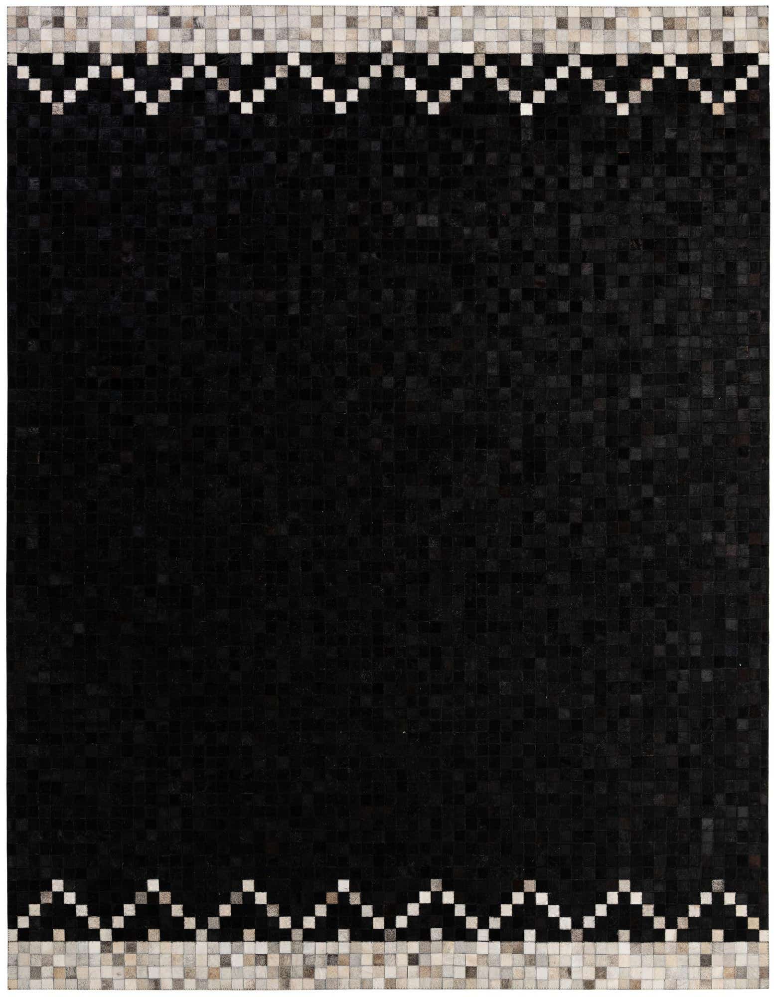 8x10 rectangular black cowhide rug with a modern patchwork design and a light grey and white geometric border.