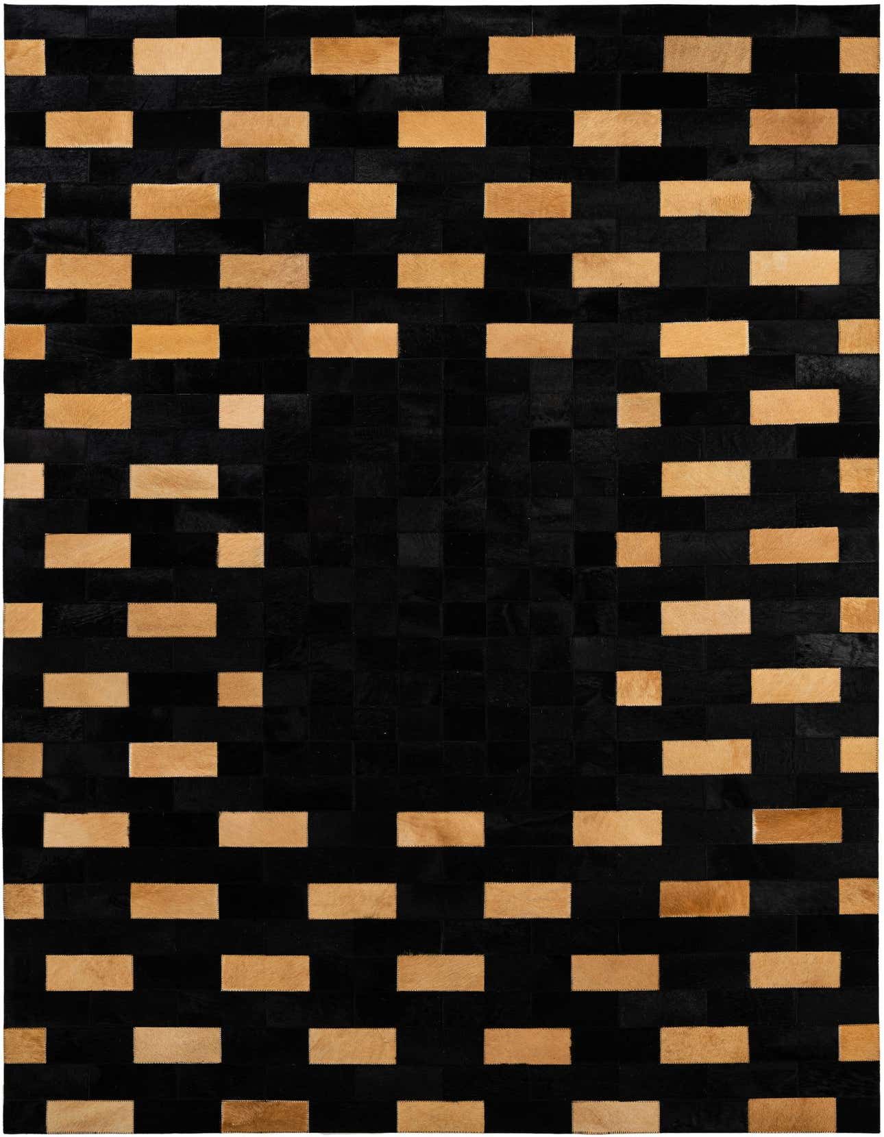 A 5x8 rectangular Cowhide Patchwork rug featuring a modern stripe pattern with black and light brown rectangles.