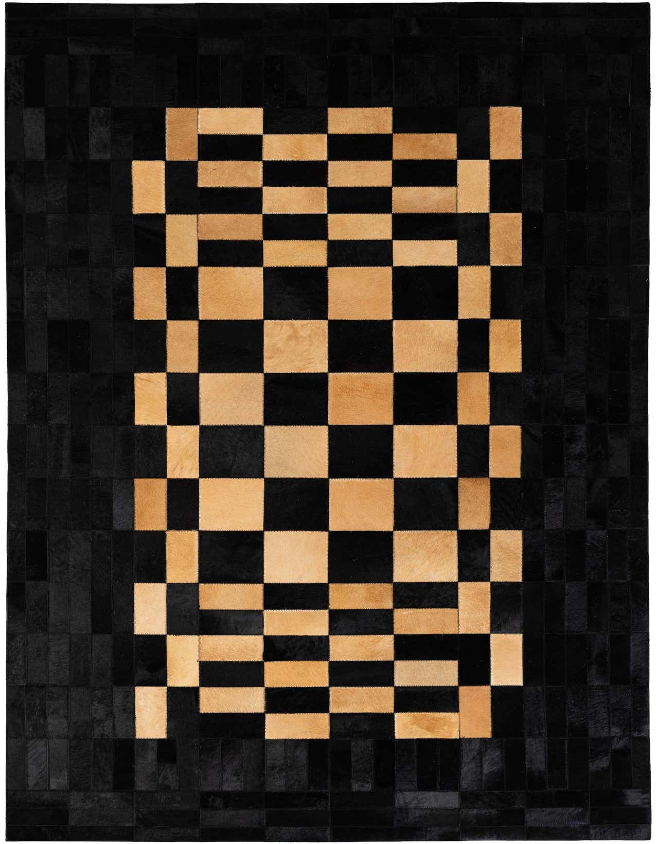 A 5x8 rectangular black and natural cowhide rug with a modern patchwork checkerboard pattern, suitable for a living room.