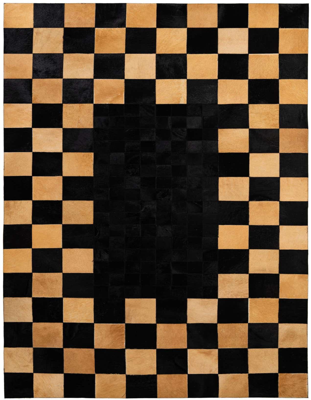 A 5x8 rectangular black and tan cowhide rug with a modern checkerboard pattern, featuring a solid black center.