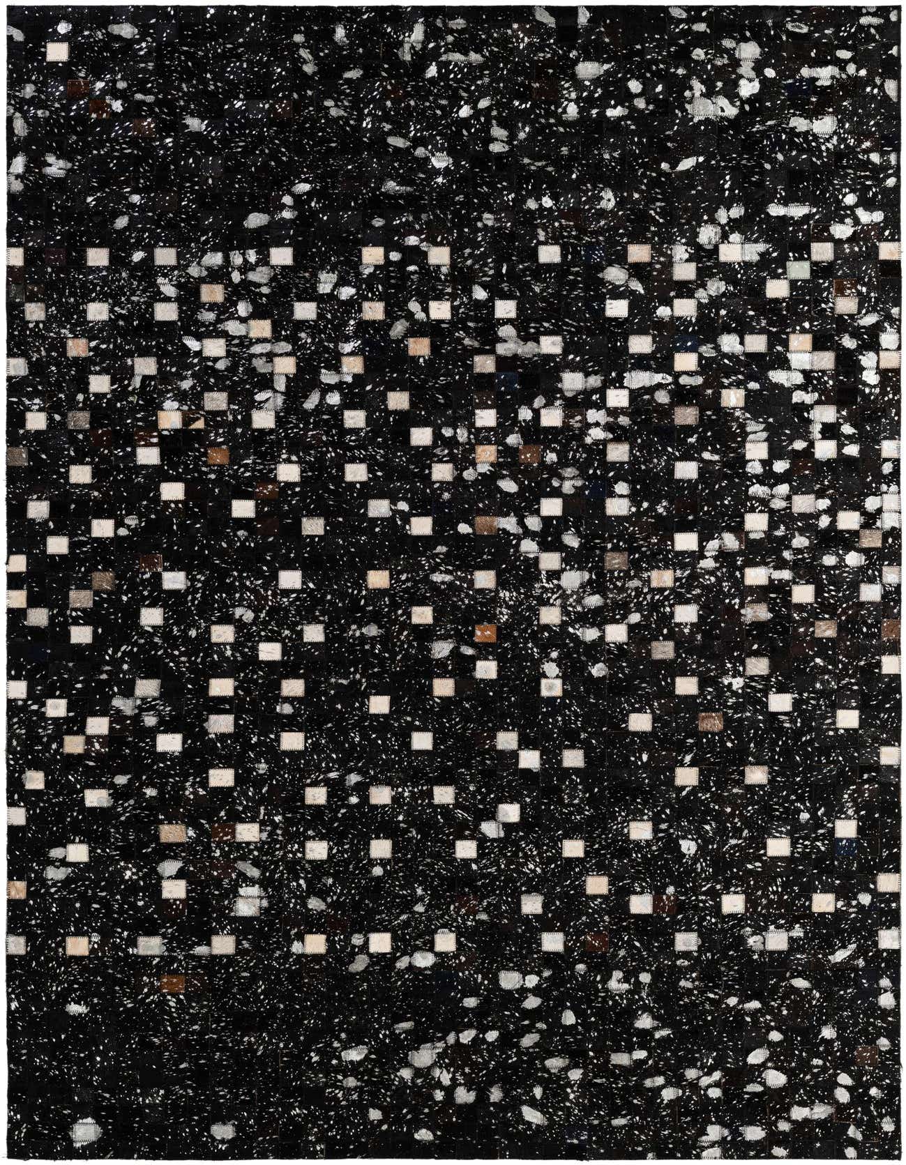 A 5x8 rectangular black modern cowhide rug with a patchwork pattern of small white and brown squares.