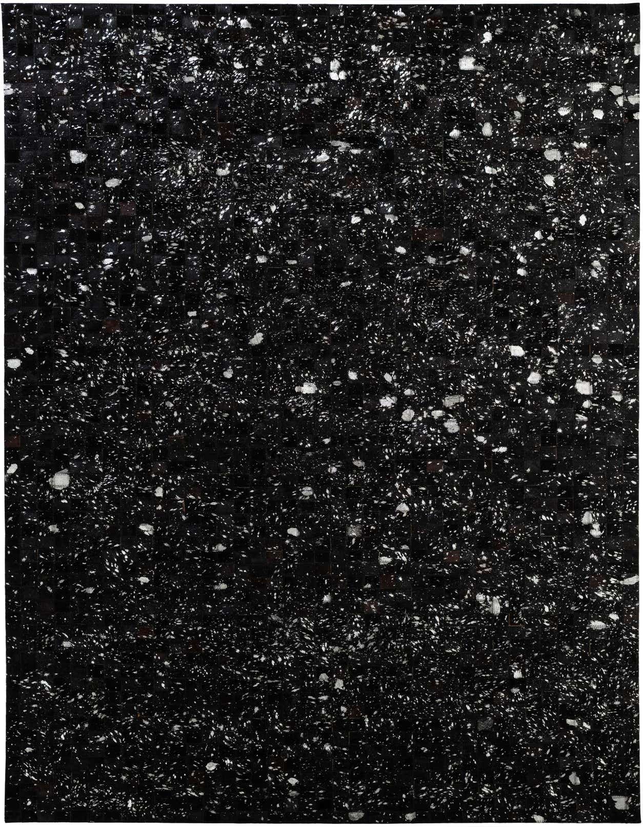 A 5x8 rectangular black modern cowhide rug with a patchwork design and scattered white speckles, suitable for various indoor rooms.