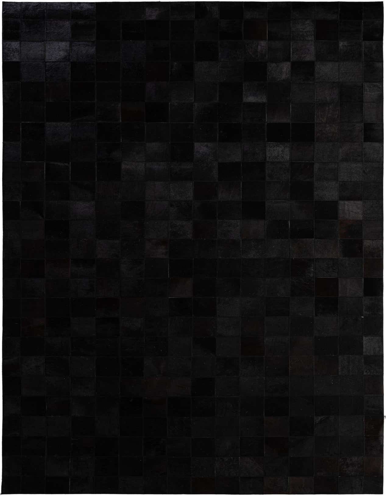 A 5x8 rectangular black cowhide patchwork rug with a modern design, suitable for a living room or bedroom.