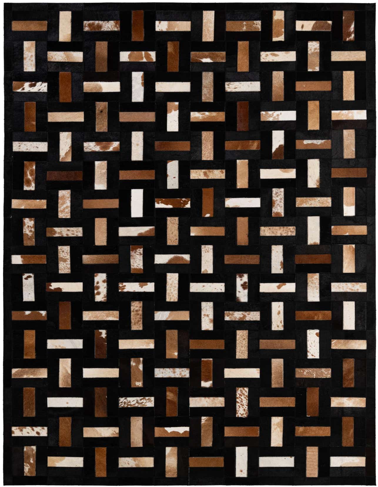 A 5x8 rectangular black cowhide rug with a modern patchwork design of alternating brown, tan, and white rectangular leather strips.