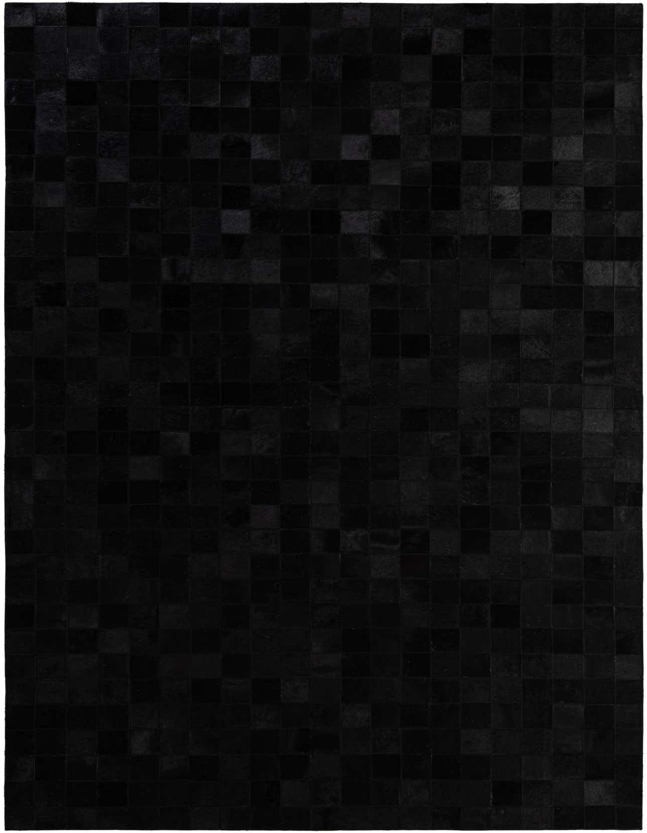 A 5x8 rectangular Cowhide Patchwork rug in deep black, featuring a modern geometric pattern of varying dark shades.