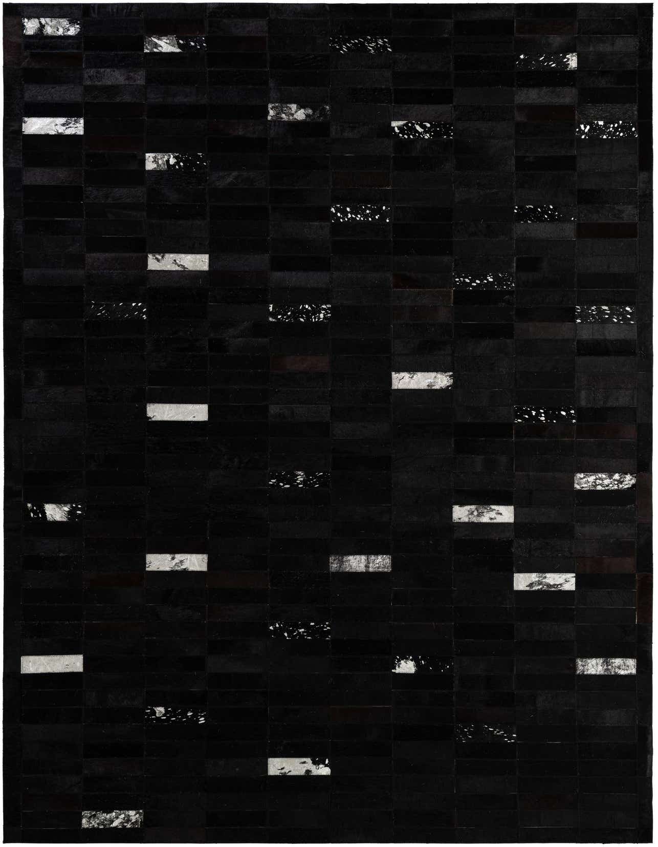 A 5x8 rectangular black cowhide rug with a modern patchwork pattern, featuring varying shades of black and occasional white speckled patches.