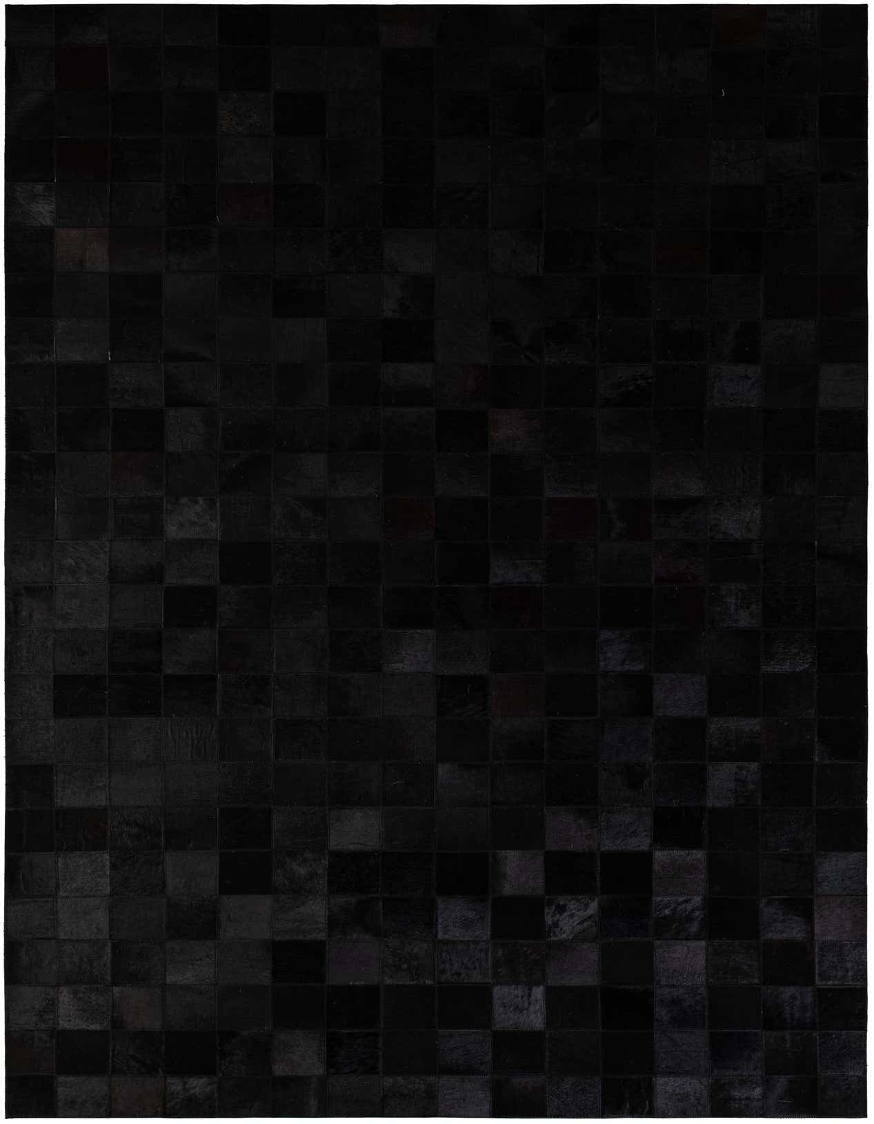 A 5x8 rectangular Cowhide - Patchwork rug by Rugs.com. The modern black rug features a grid of varying black cowhide squares, creating subtle texture and depth.