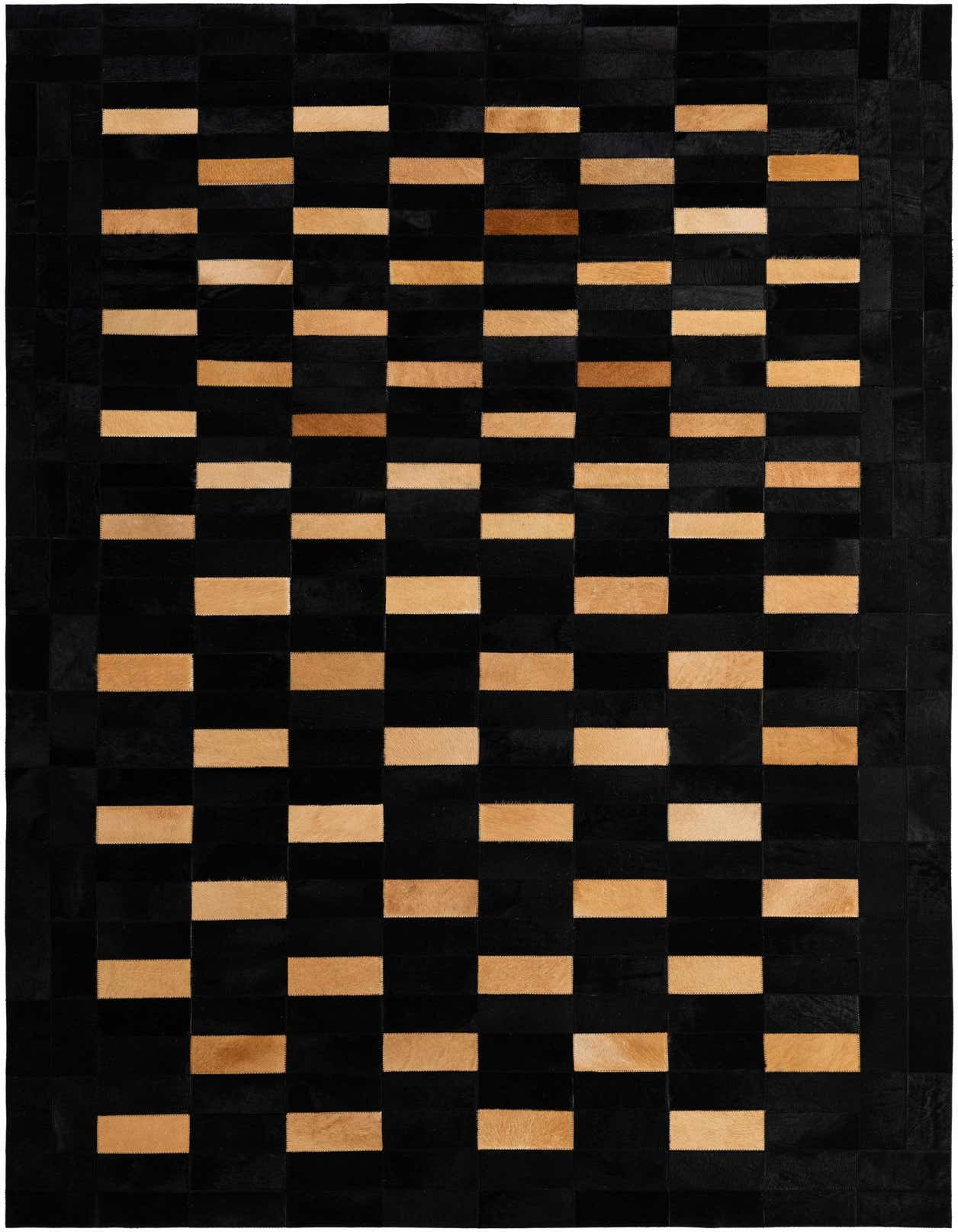 A 5x8 rectangular black and tan cowhide rug with a modern stripe patchwork pattern, ideal for a living room.