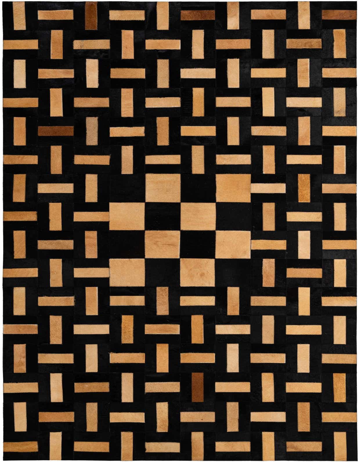 A 5x8 rectangular black and tan cowhide rug with a modern patchwork stripe pattern, suitable for a living room.