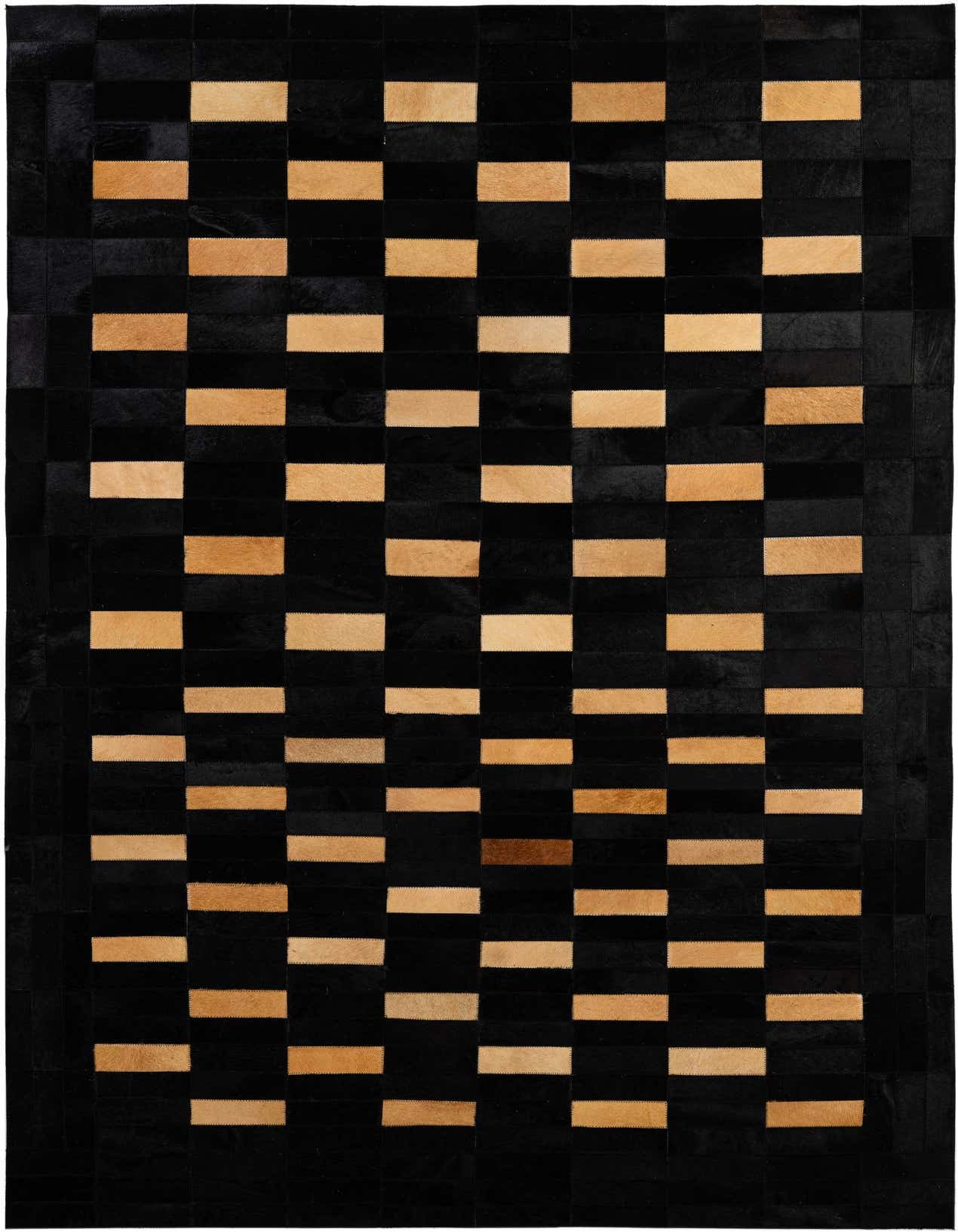A 5x8 rectangular black cowhide rug with a modern patchwork design, featuring alternating black and light brown rectangular patches.