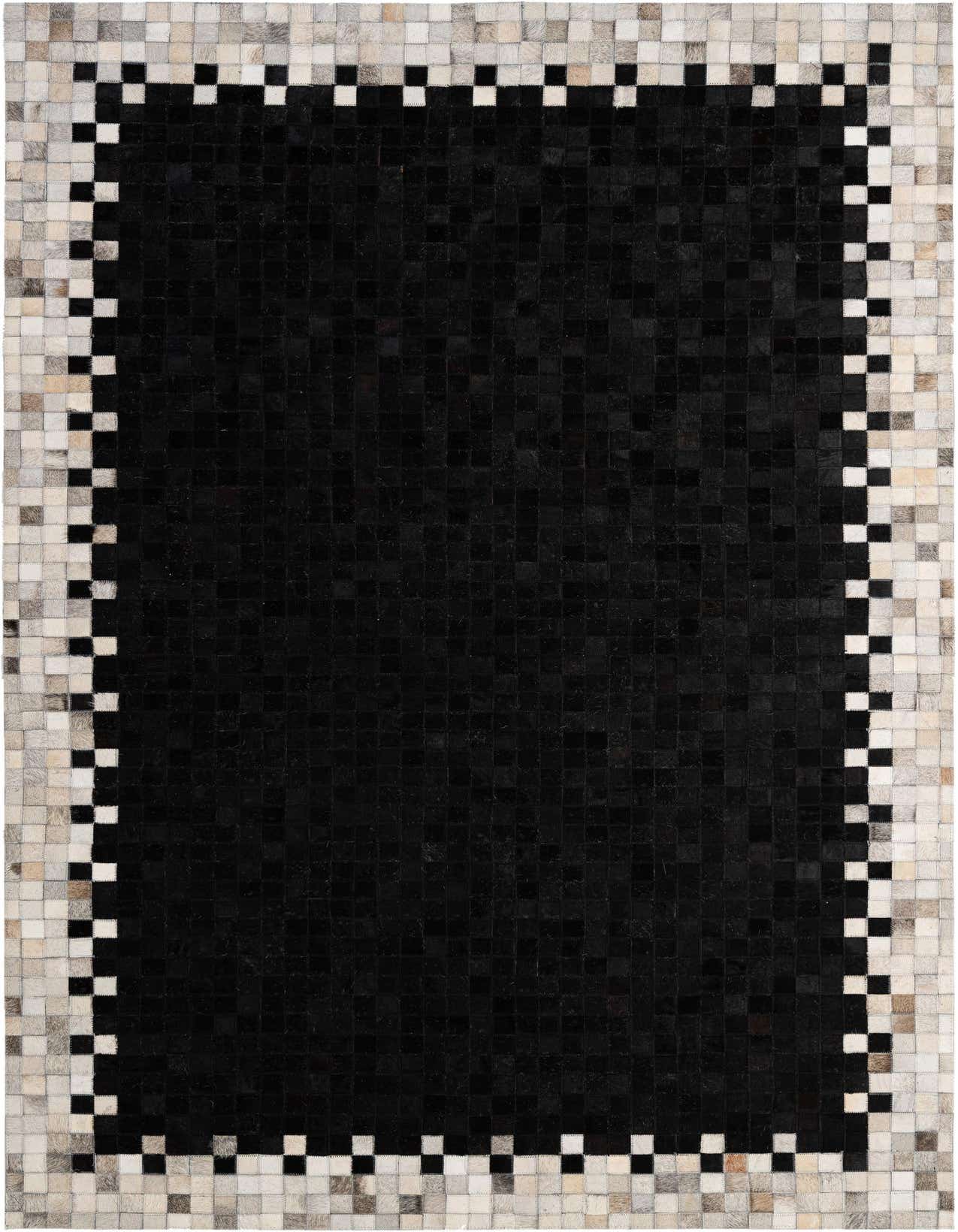 A 5x8 rectangular black cowhide rug with a modern patchwork design, featuring a light and dark checkered border.