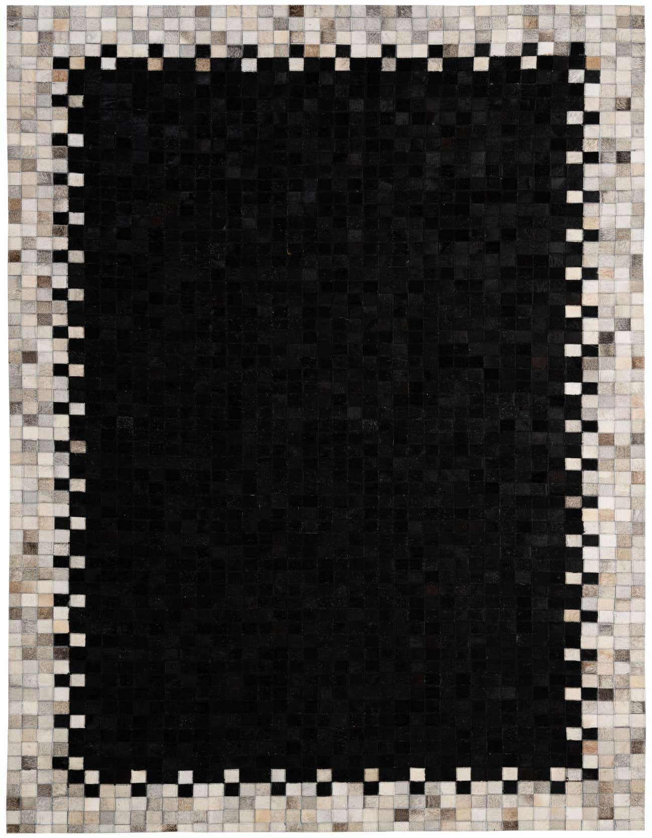 A 5x8 rectangular black cowhide rug with a modern patchwork design and a light grey and white checkered border.