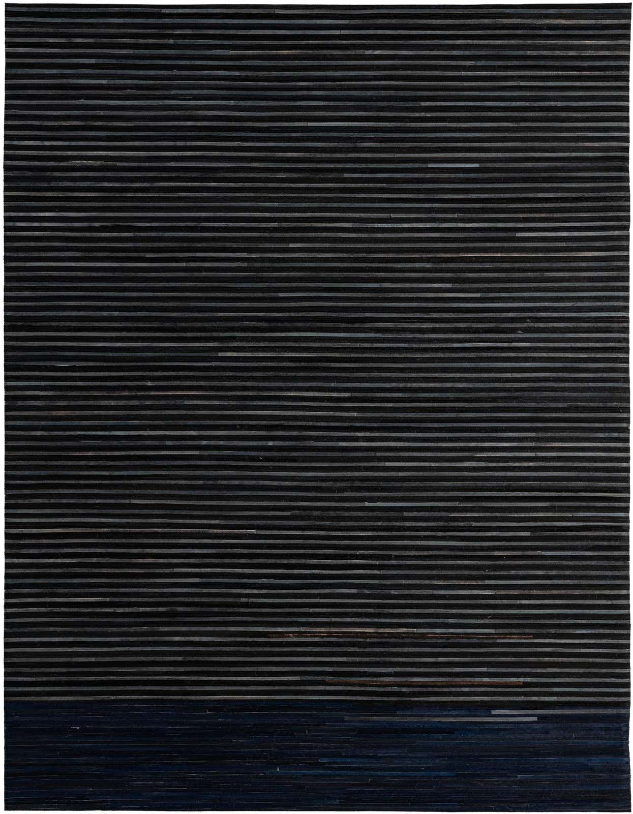 A 5x8 rectangular black modern rug featuring horizontal stripes of varying dark tones, handmade from cowhide and leather.