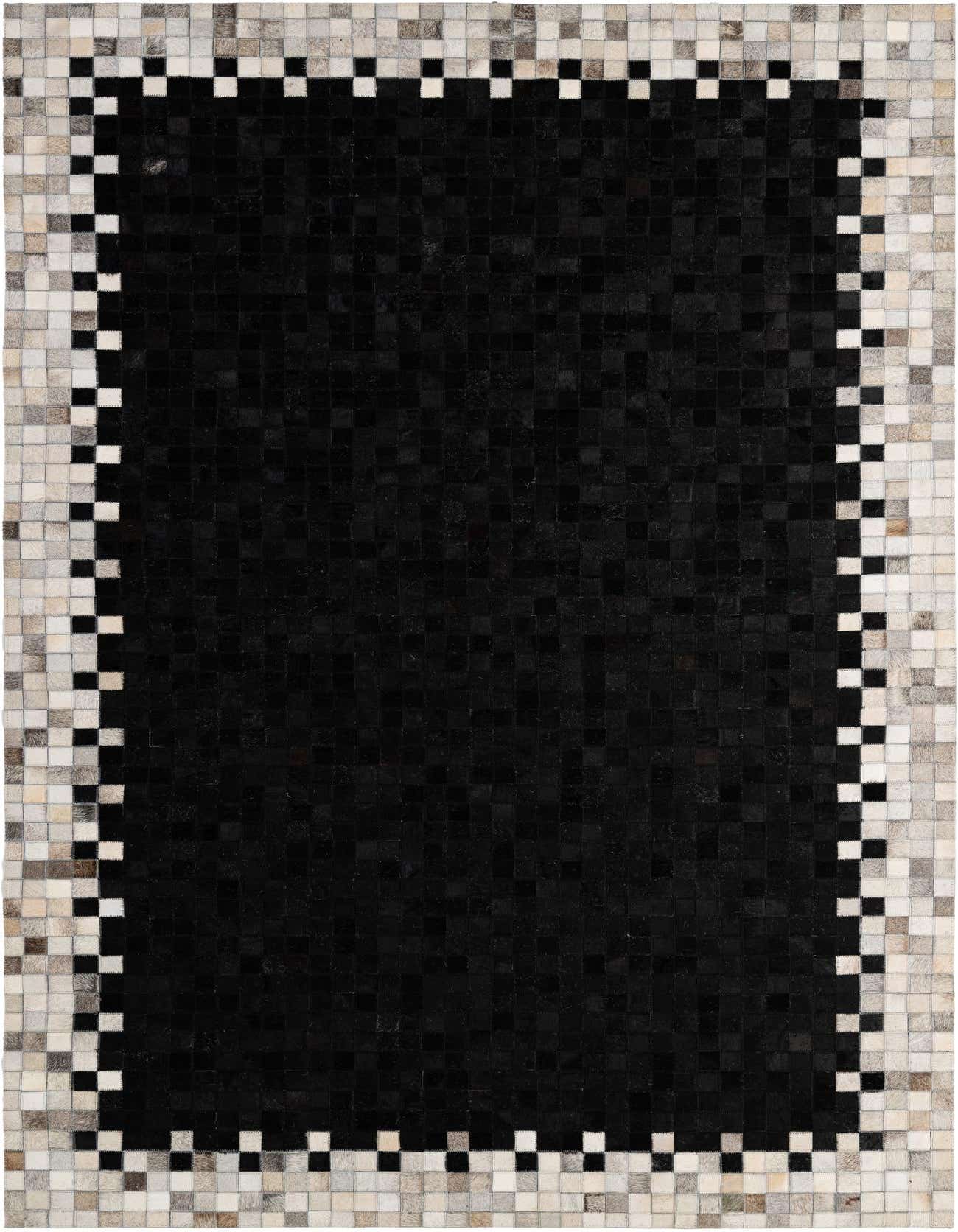 A 5x8 rectangular black cowhide rug with a modern patchwork design and a border of small black, white, and grey squares.