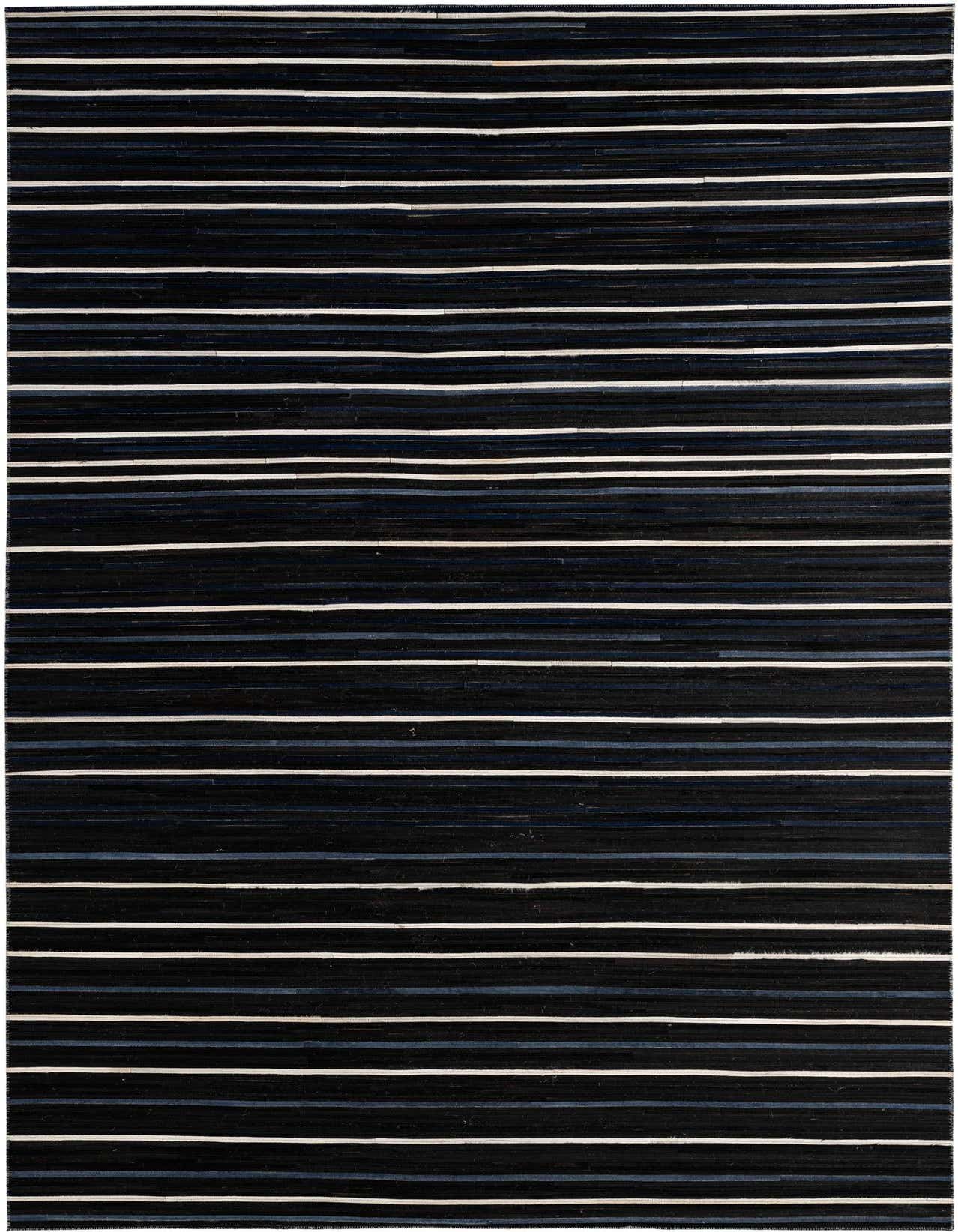A 5x8 rectangular Cowhide Patchwork rug featuring horizontal stripes in varying shades of black, dark blue, and white.