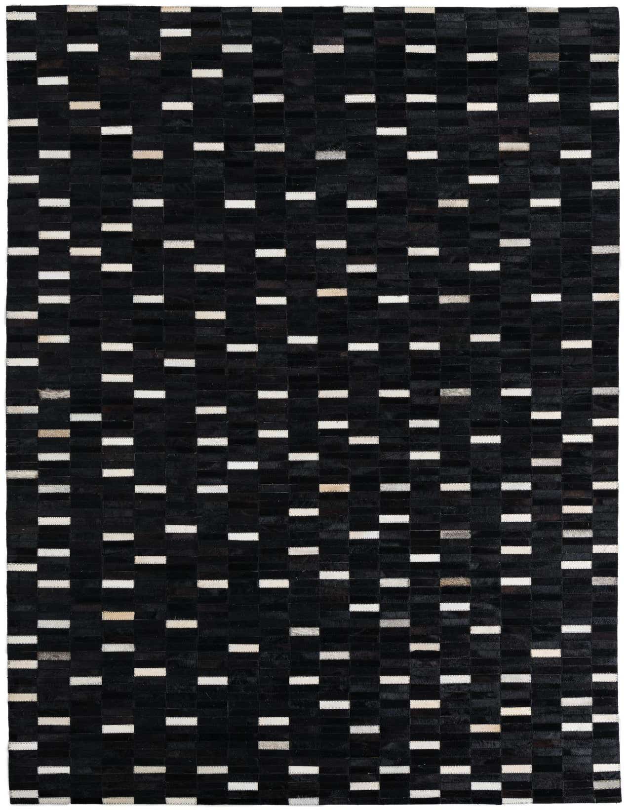 A 5x8 rectangular black cowhide rug with a modern stripe pattern featuring small white and light brown horizontal dashes.