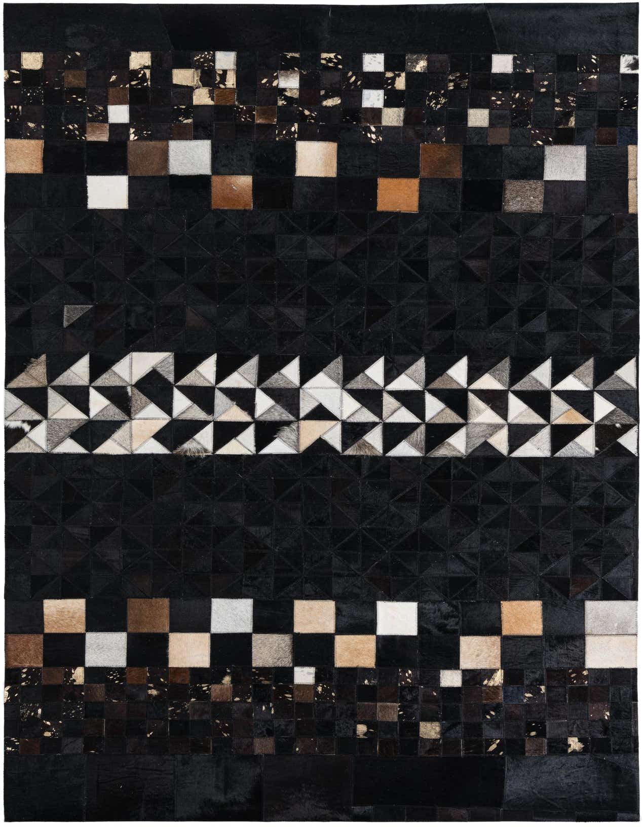 A 5x8 rectangular black cowhide rug with abstract patterns of white, brown, and black squares and triangles.