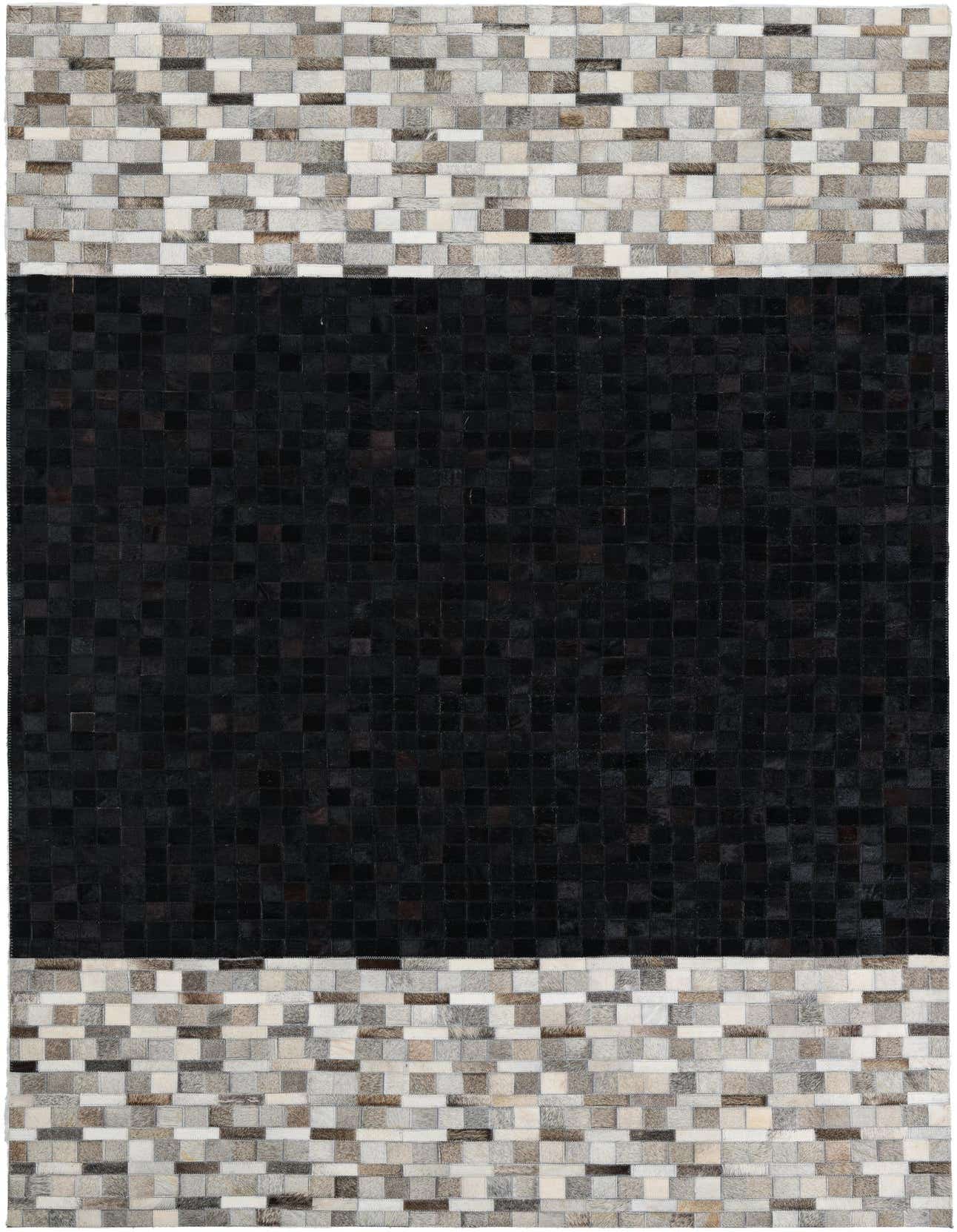 A 5x8 rectangular Cowhide Leather rug featuring a large central black panel flanked by grey and white patchwork borders.