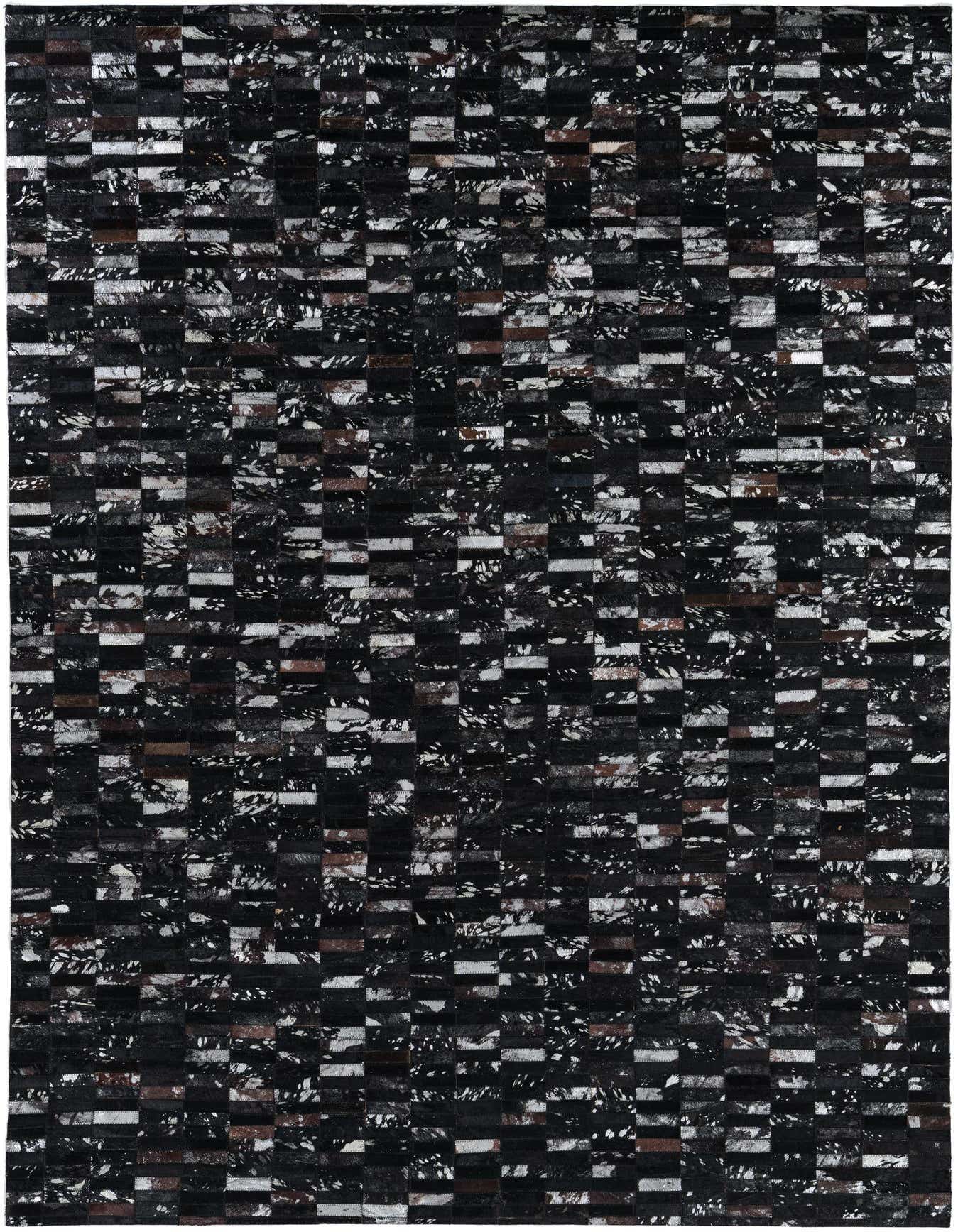 A rectangular 5x8 Cowhide Leather rug featuring a modern striped pattern in various shades of black, white, and brown.