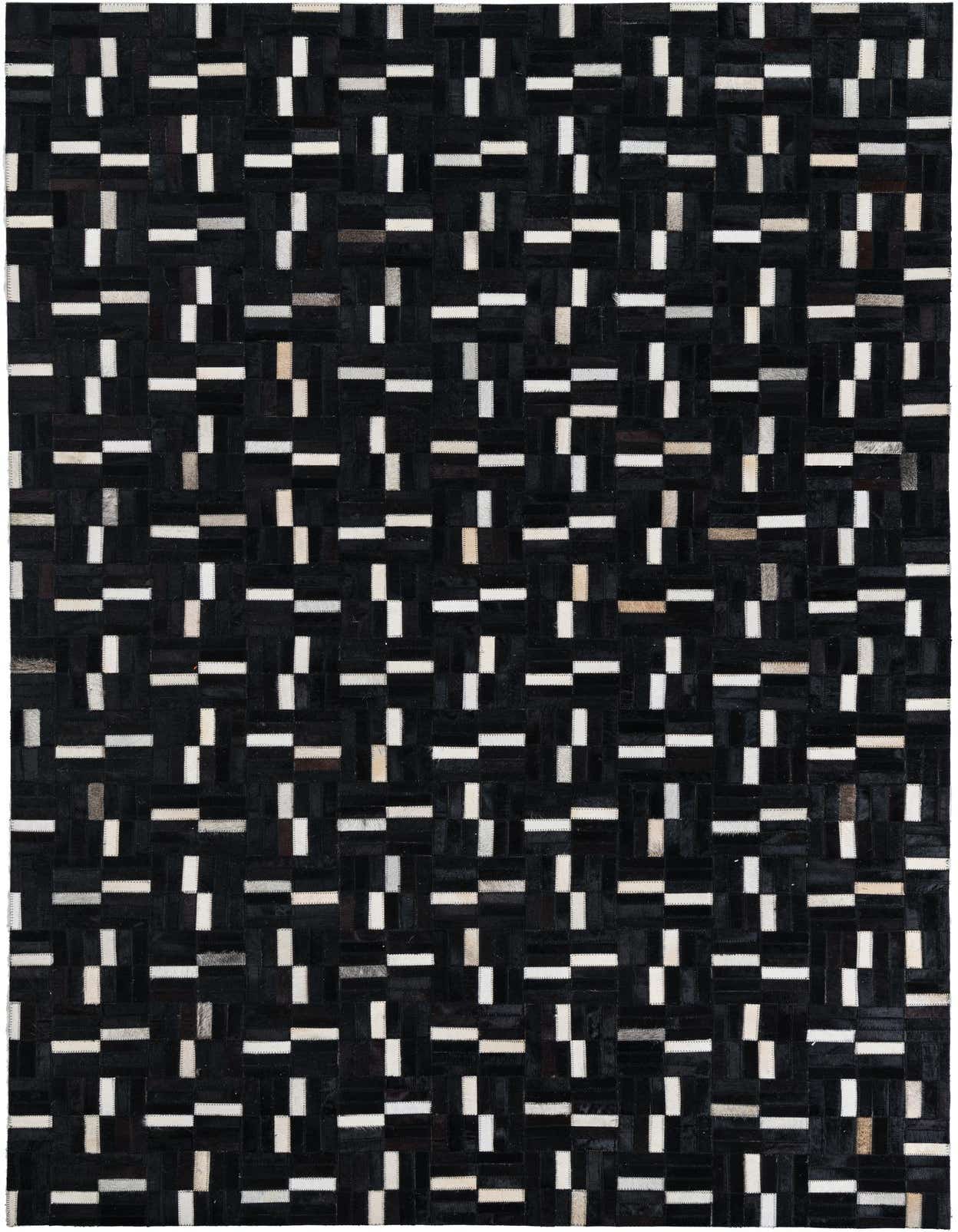 A 5x8 rectangular black cowhide leather rug with a modern stripe pattern, featuring white and light brown accents.