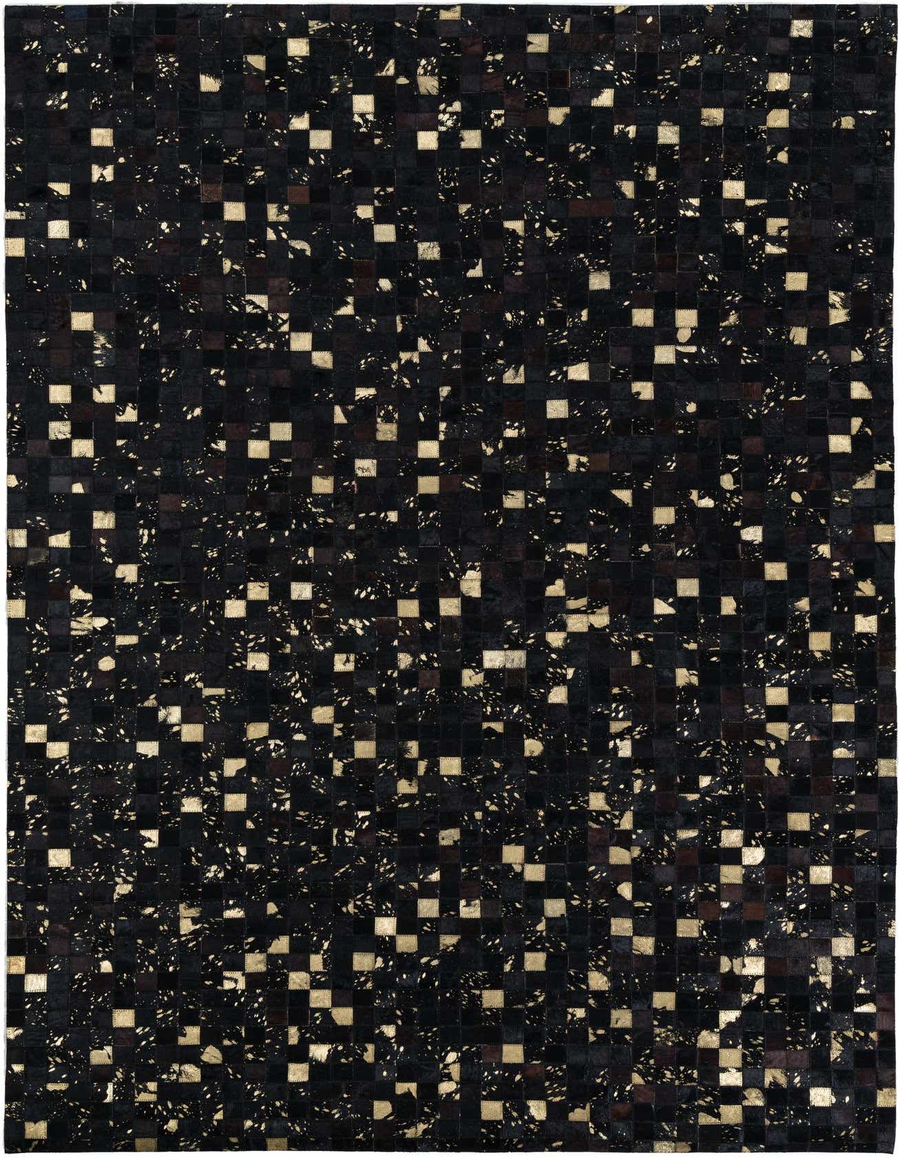 A 5x8 rectangular black cowhide and leather rug with a modern, abstract pattern of gold metallic squares and splatters.