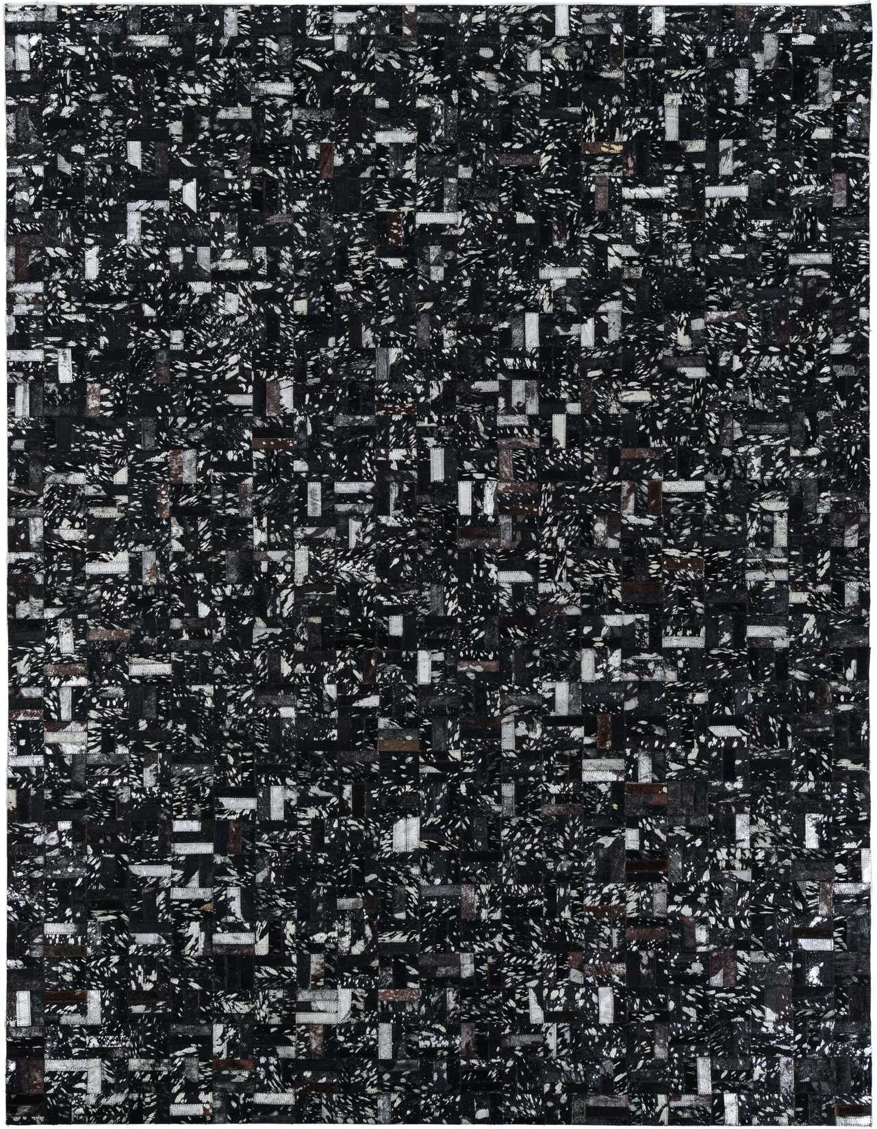 A 5x8 rectangular black and white modern cowhide leather rug with a distressed stripe pattern.