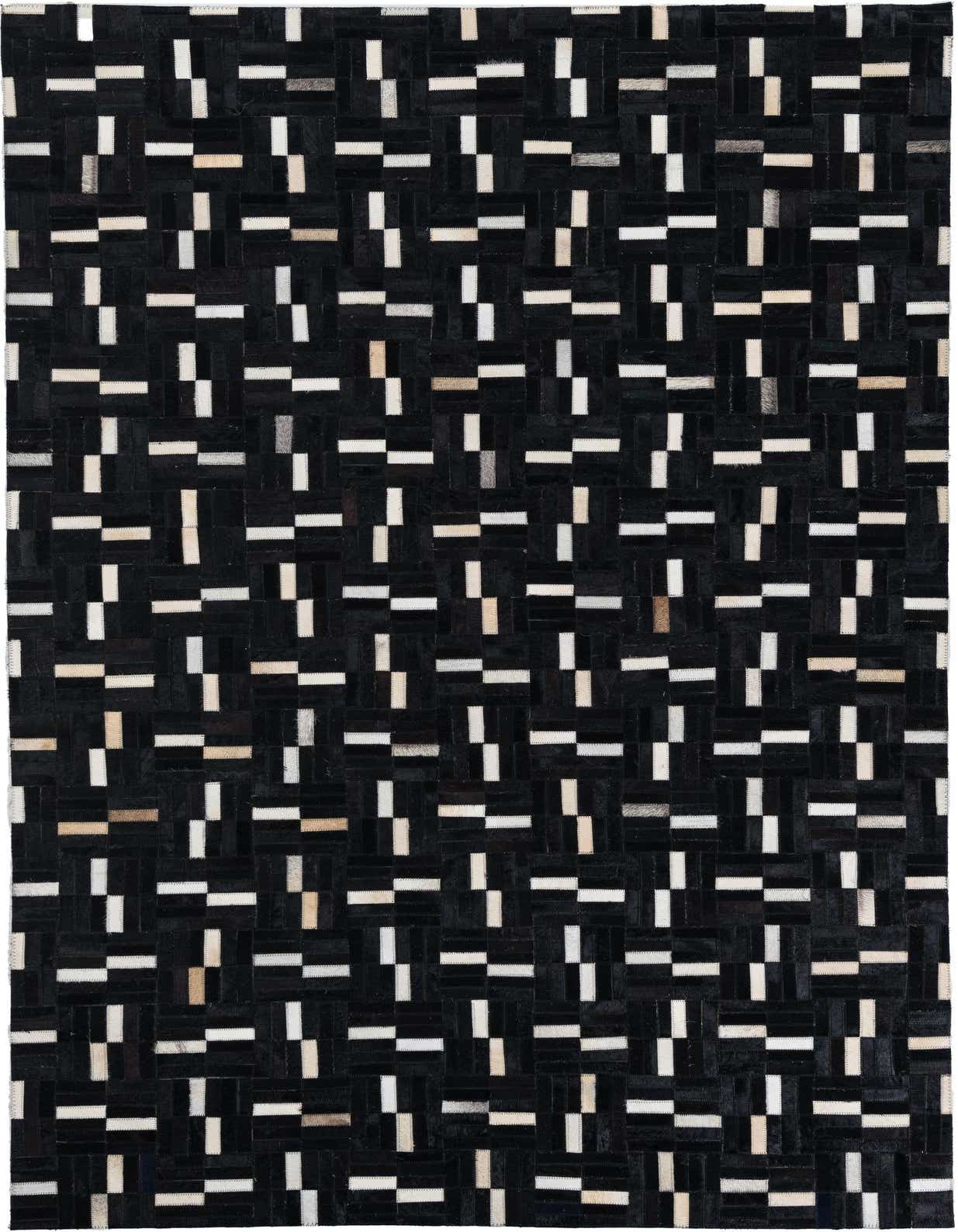 A 5x8 rectangular black cowhide rug with a modern stripe pattern featuring white and light brown rectangular patches.