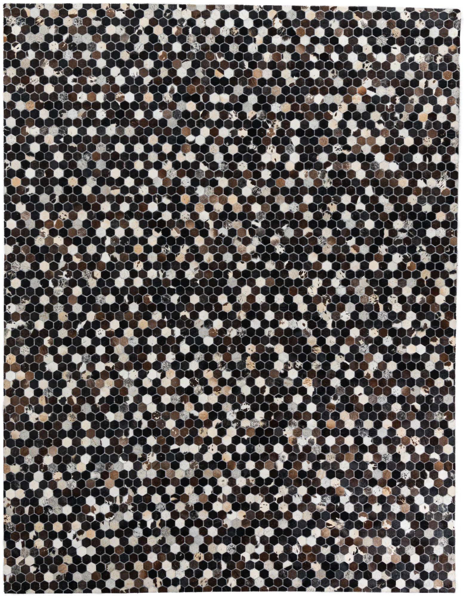 A rectangular 8x10 black, brown, and white modern cowhide rug with a honeycomb pattern, ideal for a living room.