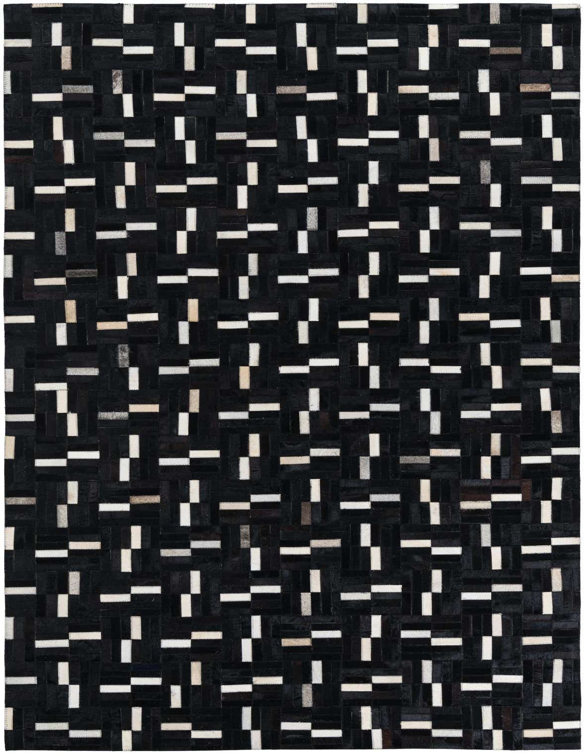A 5x8 rectangular black cowhide leather rug with a modern stripe pattern of alternating black and off-white rectangles.