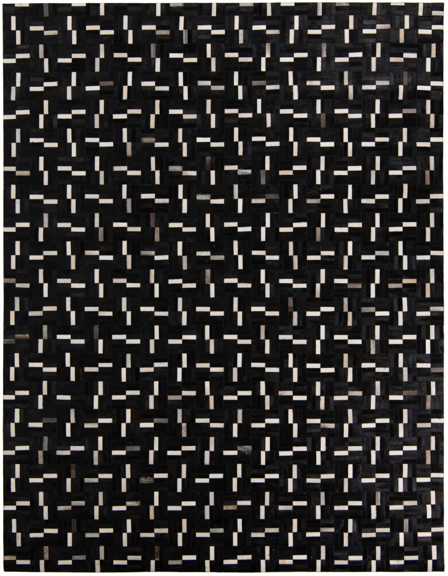 8x10 rectangular black cowhide rug with a modern stripe pattern of alternating white and gray leather rectangles.