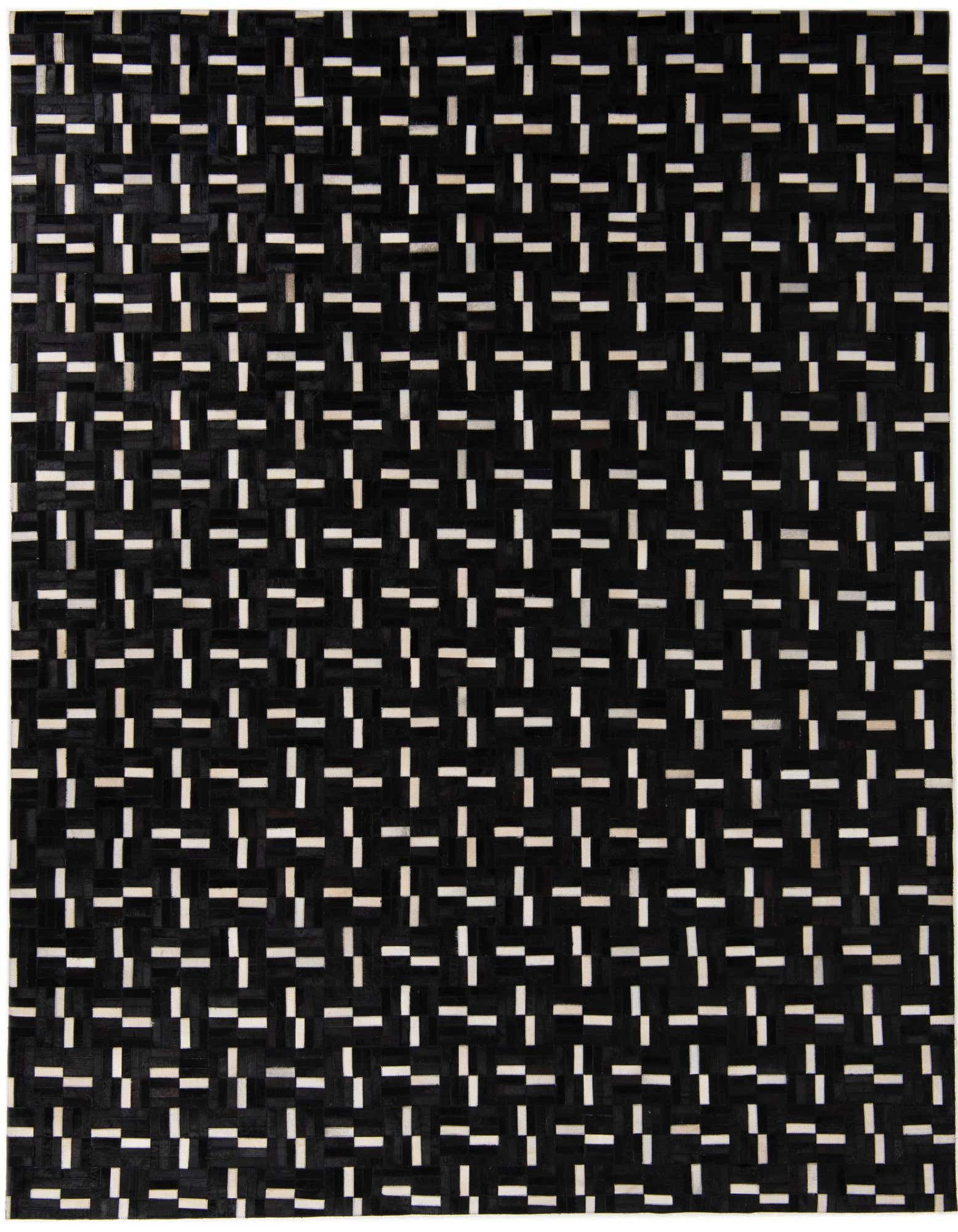 A rectangular 8x10 black cowhide leather rug with a modern stripe pattern, featuring small white rectangular accents.